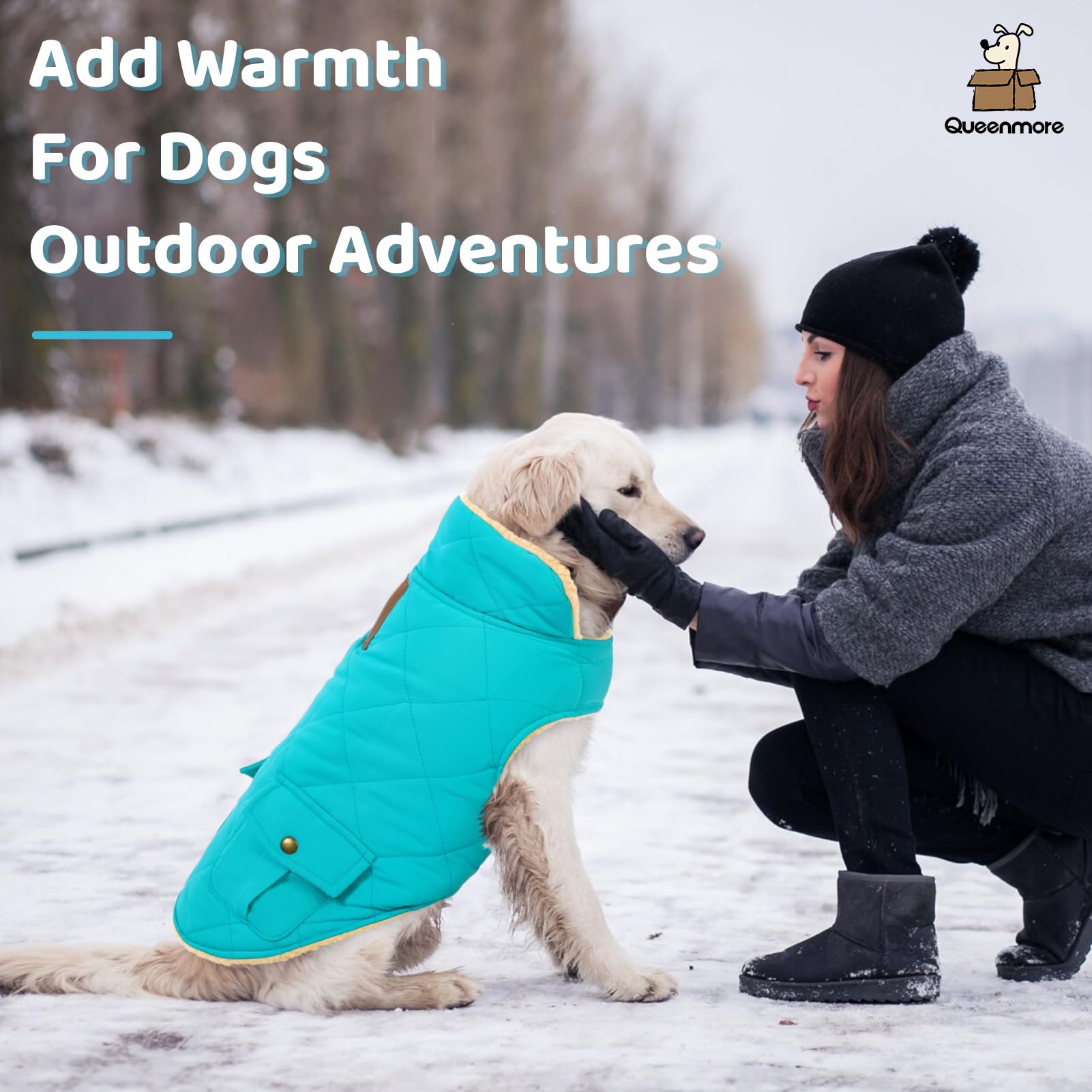 Queenmore Warm Puffer Dog Coat, Quilting Winter Jacket Ultra Thick Plush Fleece Lining Pet Clothes For Dogs With Storage Pockets