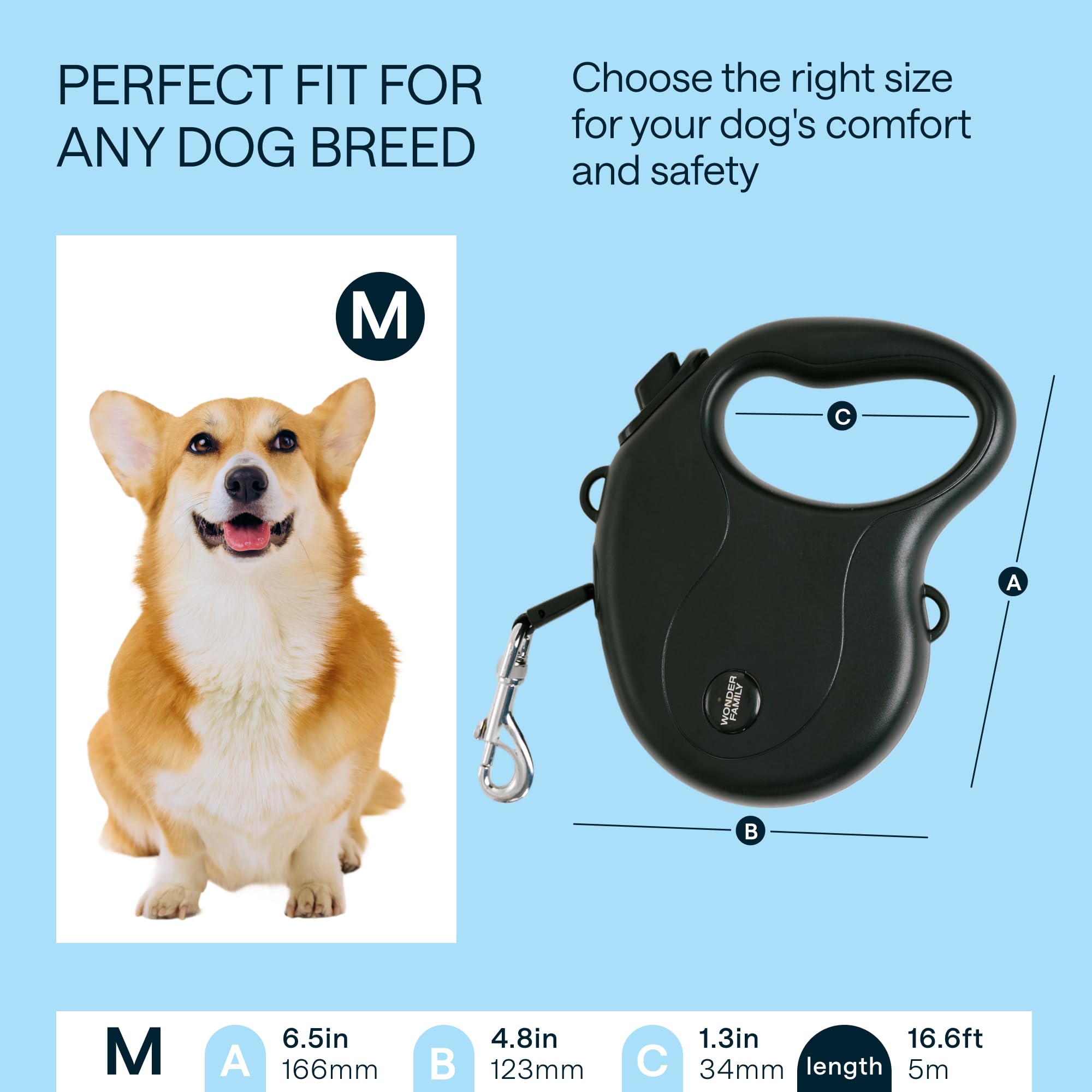 Long Retractable Dog Leash For Medium Dogs Up To 44 Lbs, 17 Ft - No Free, Strong Nylon Tape, Heavy Duty, One-Handed Brake, Pause