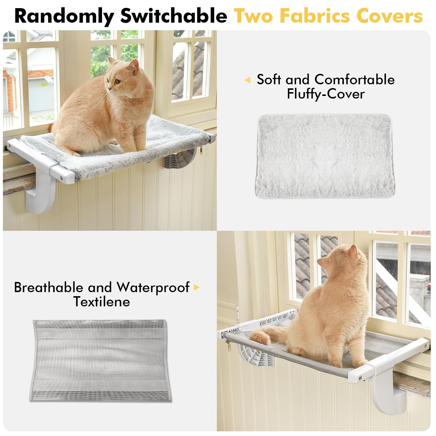 Zoratoo Window Sill Mount Cat Perch For Indoor Cats, One-Step Sliding Adjustment Cat Hammock Window Seat With Removable Two Fabrics Covers, No Suction Cups Cat Beds For Windowsill & Bedside (L)