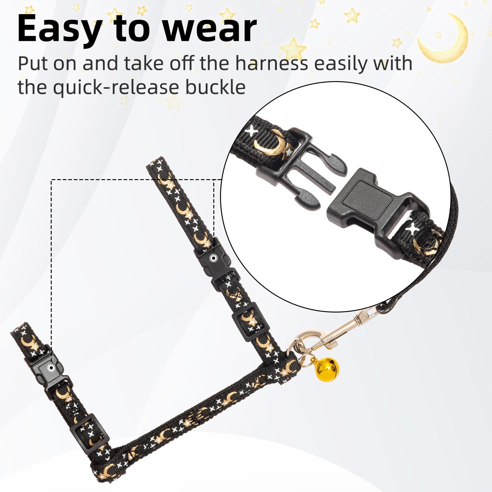 Pupteck Adjustable Cat Harness And Leash Set Escape Proof Kitten Strap Collar For Walking Travel, Moon&Star