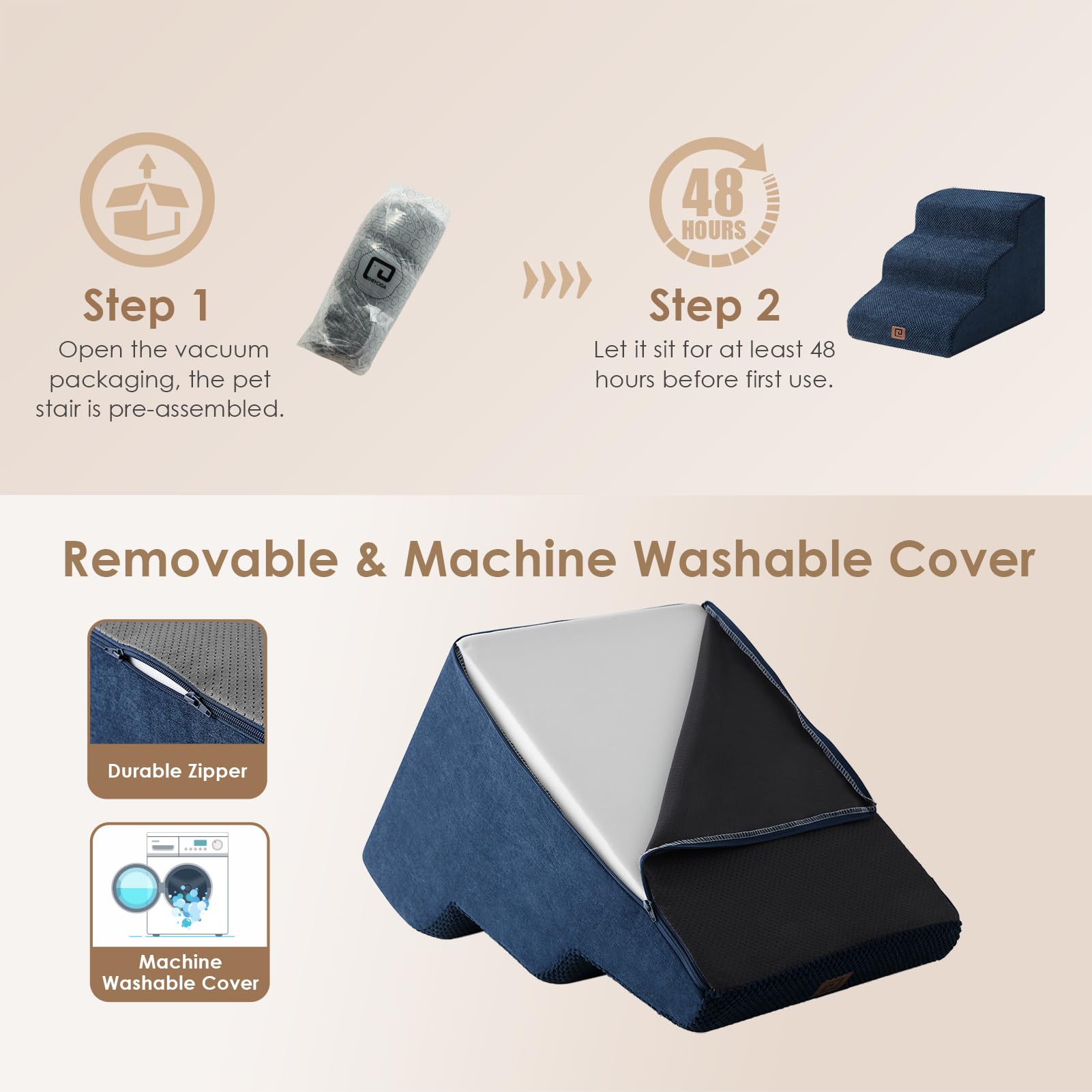 Eheyciga Curved Dog Stairs Ramp For Small Dogs 15.7' H, 3-Step Dog Steps For Couch Sofa And Chair, Pet Stairs For Cats, Non-Slip Balanced Pet Steps Indoor, Navy