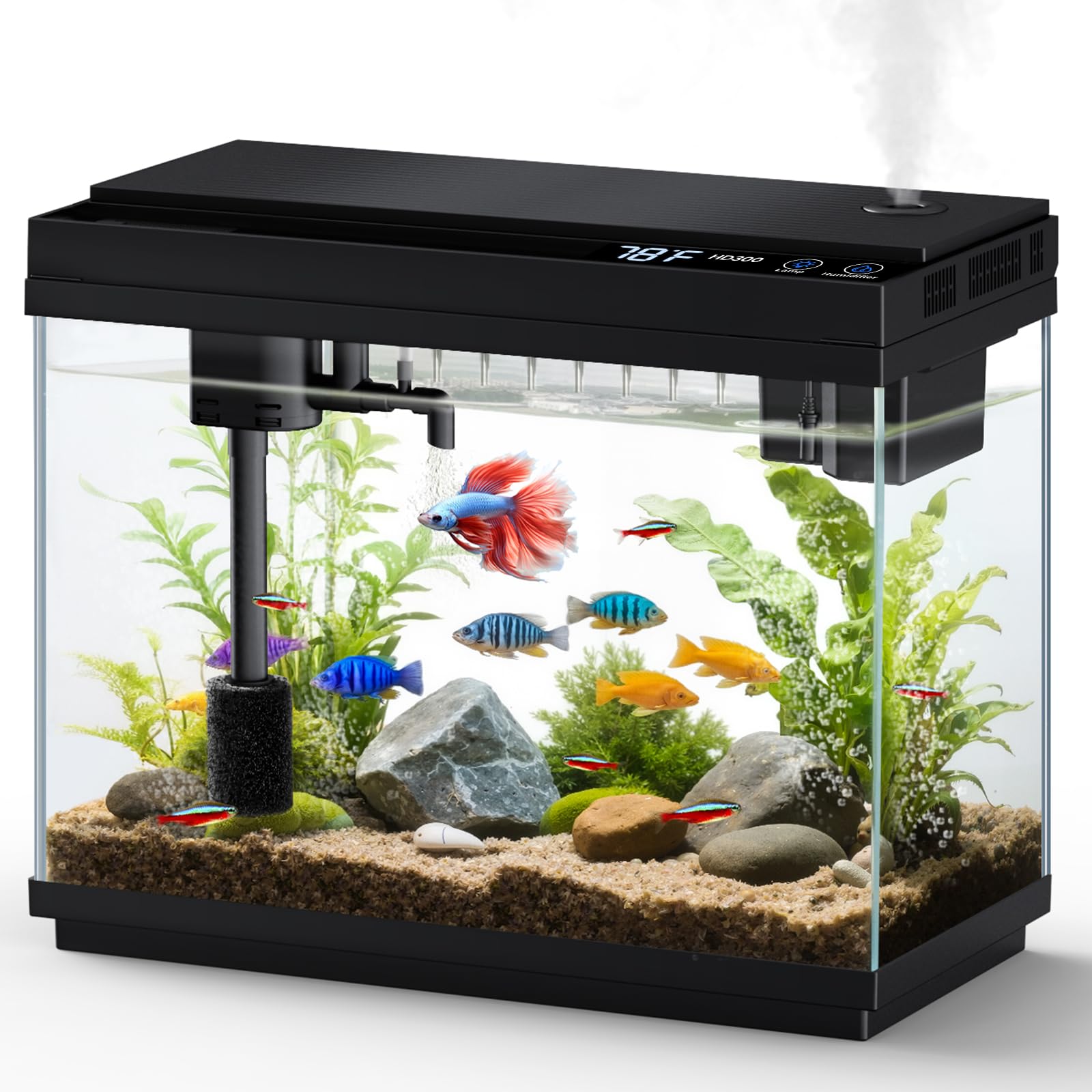 Fishkeeper 2.3G Smart Aquarium - Ultra Clear Glass Fish Tank w/Auto Timer 8-Color RGB Lights, 4-in-1 Self-Cleaning Silent Water 