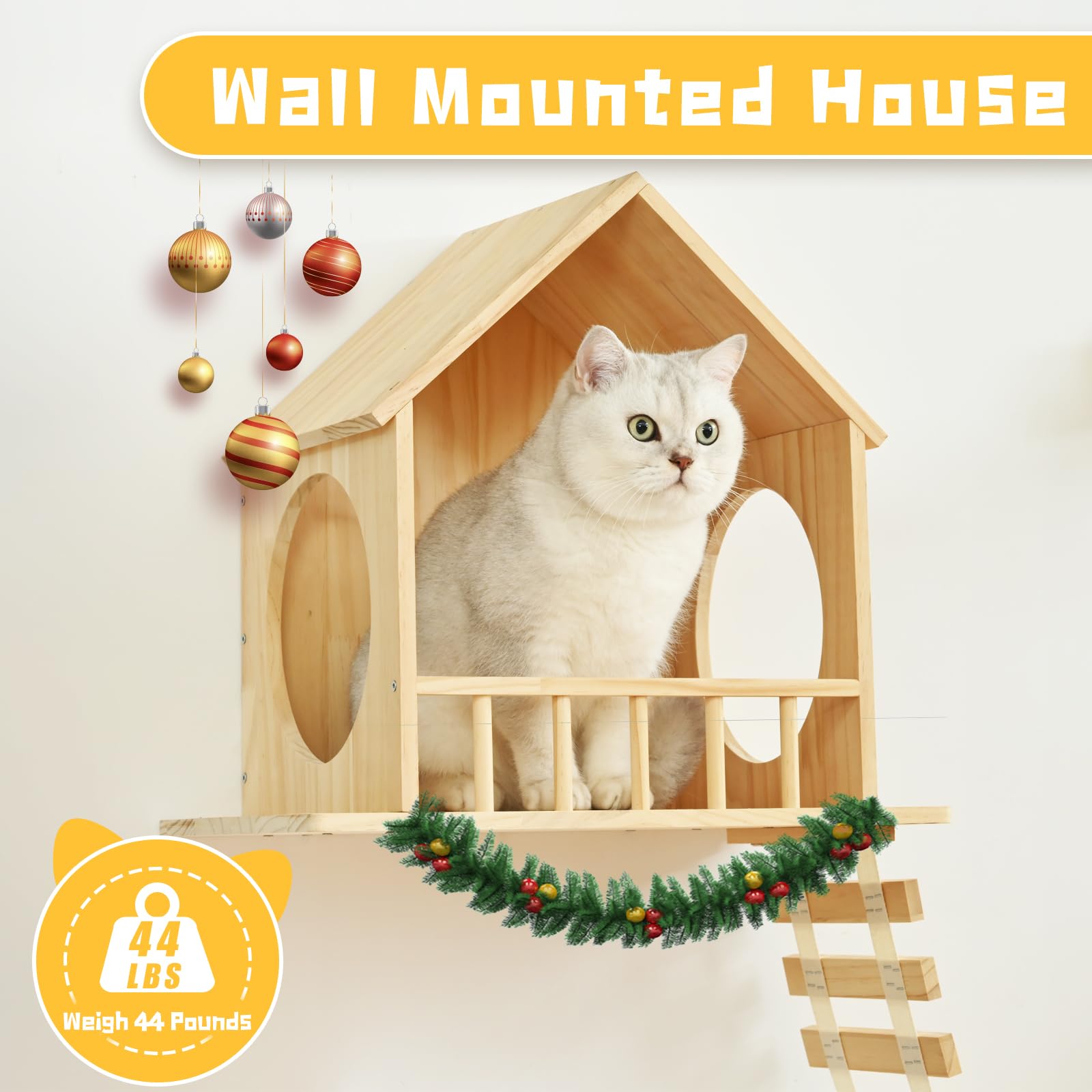 Cat Wall Shelves 9Pc, Wall Mounted Cat Climbing Shelves, Wooden Cat Furniture With 2 Condo Houses, 3 Perches, 2 Bridge Ladders A