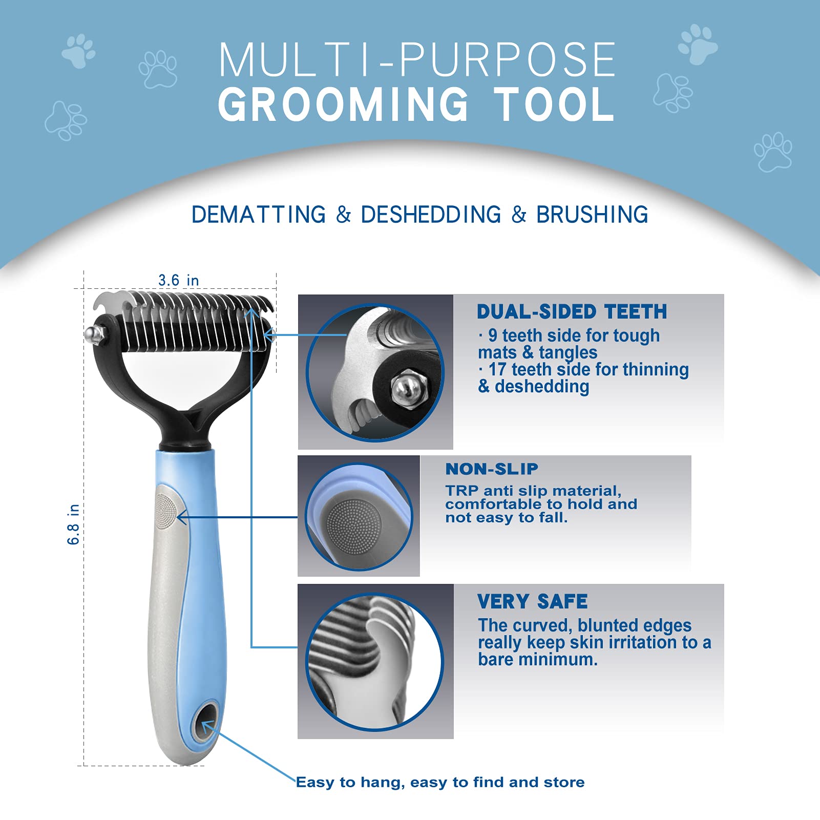 Goeswell Pet Grooming Brush Double-Sided Undercoat Rake For Dogs & Cats - Shedding And Dematting Comb For Dogs &Gentle Deshedding Brush Glove Grooming Kit (Blue 2 Pack)