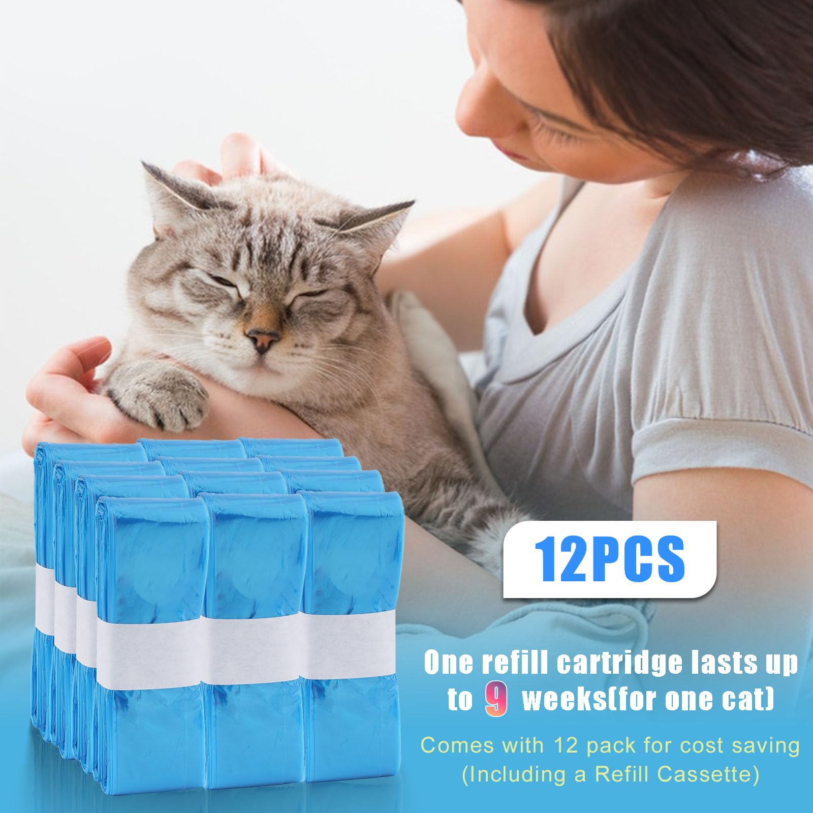 12 Pack Cat Litter Refills, Compatible With Genie Bag Refills, Scented, Blue