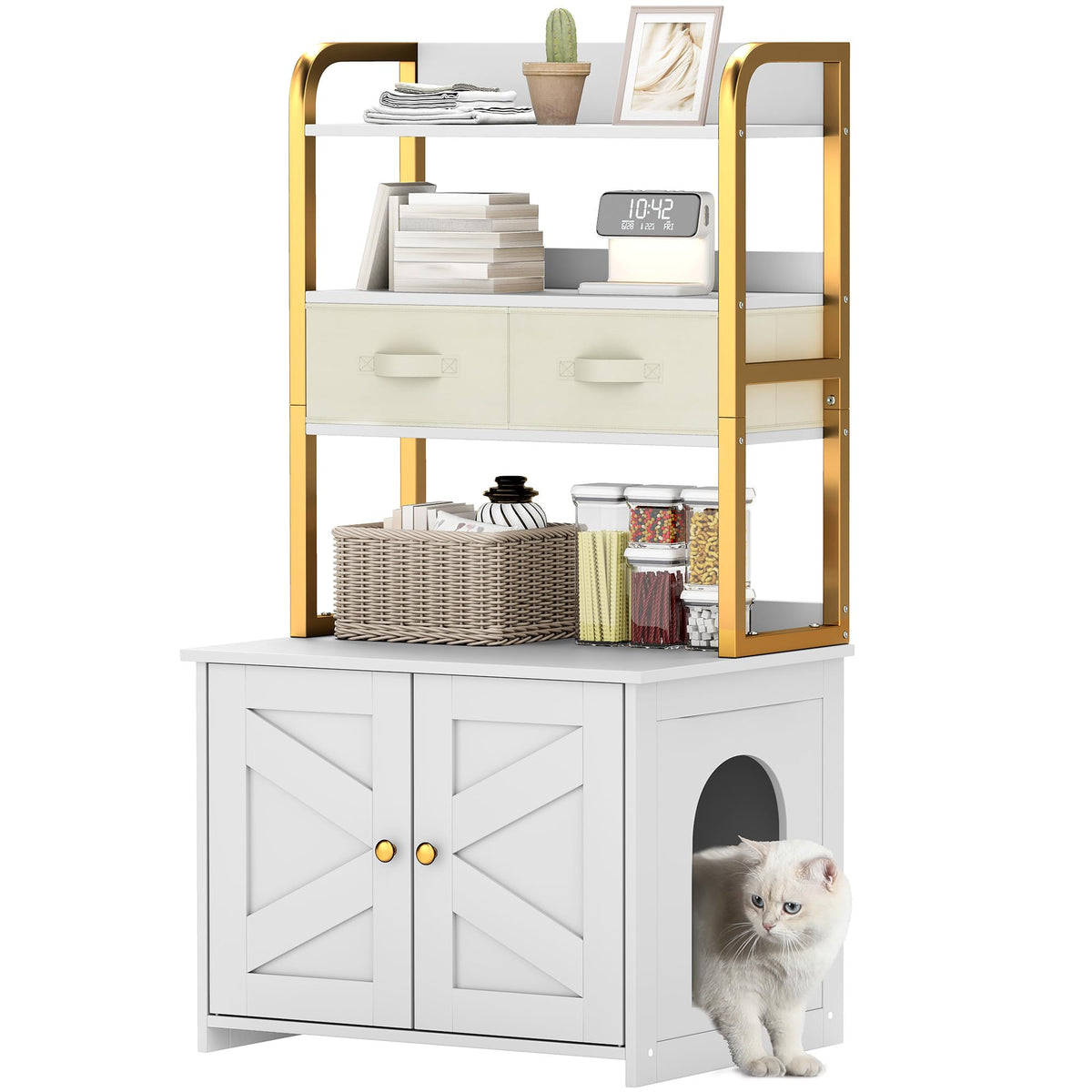 Yitahome 27'' Cat Litter Box Enclosure With Storage Shelves, Large Wooden Hidden Cabinet With 2 Drawers, Soft Cusion, And Corner