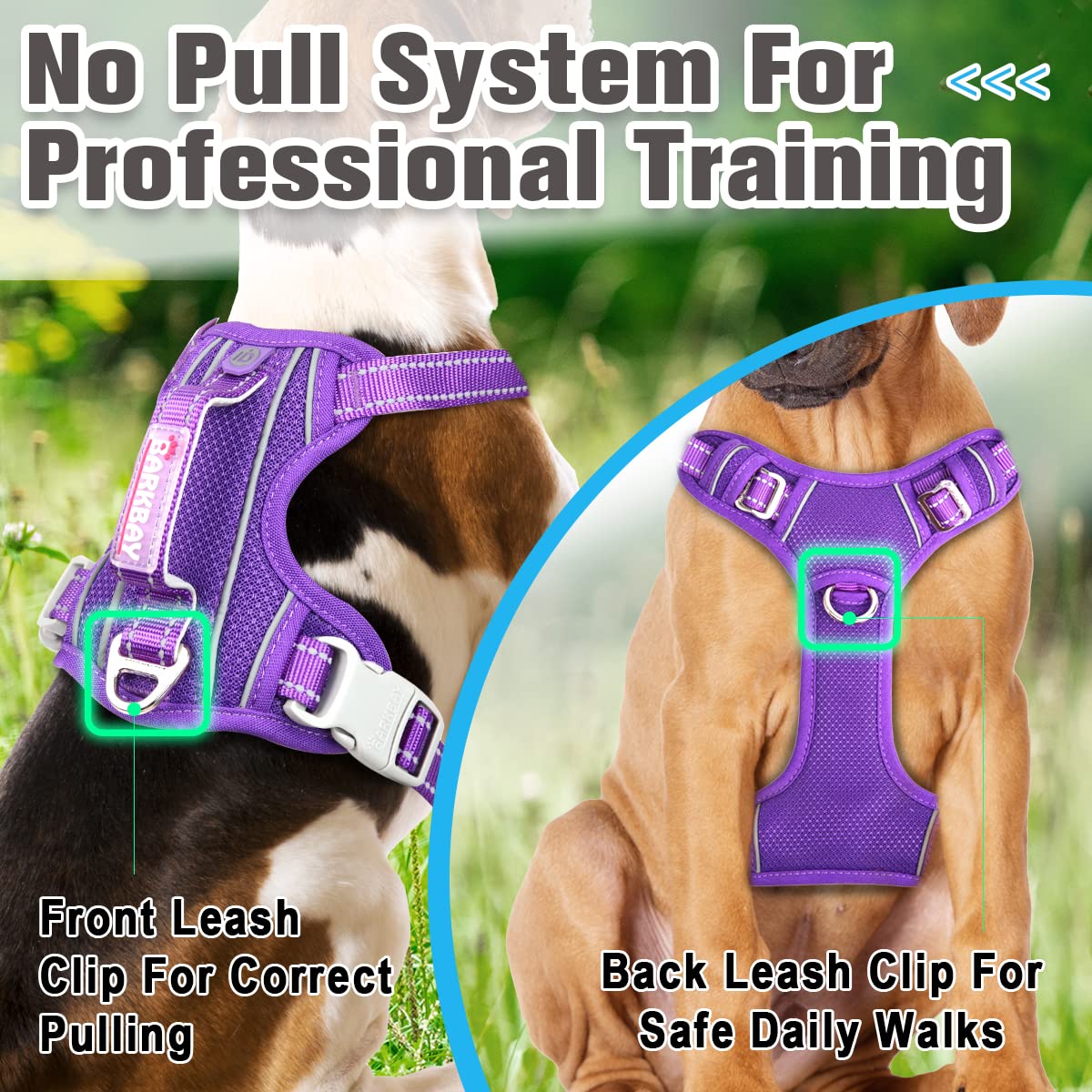 BARKBAY No Pull Dog Harness Front Clip Heavy Duty Reflective Easy Control Handle for Large Dog Walking with ID tag Pocket(Purple