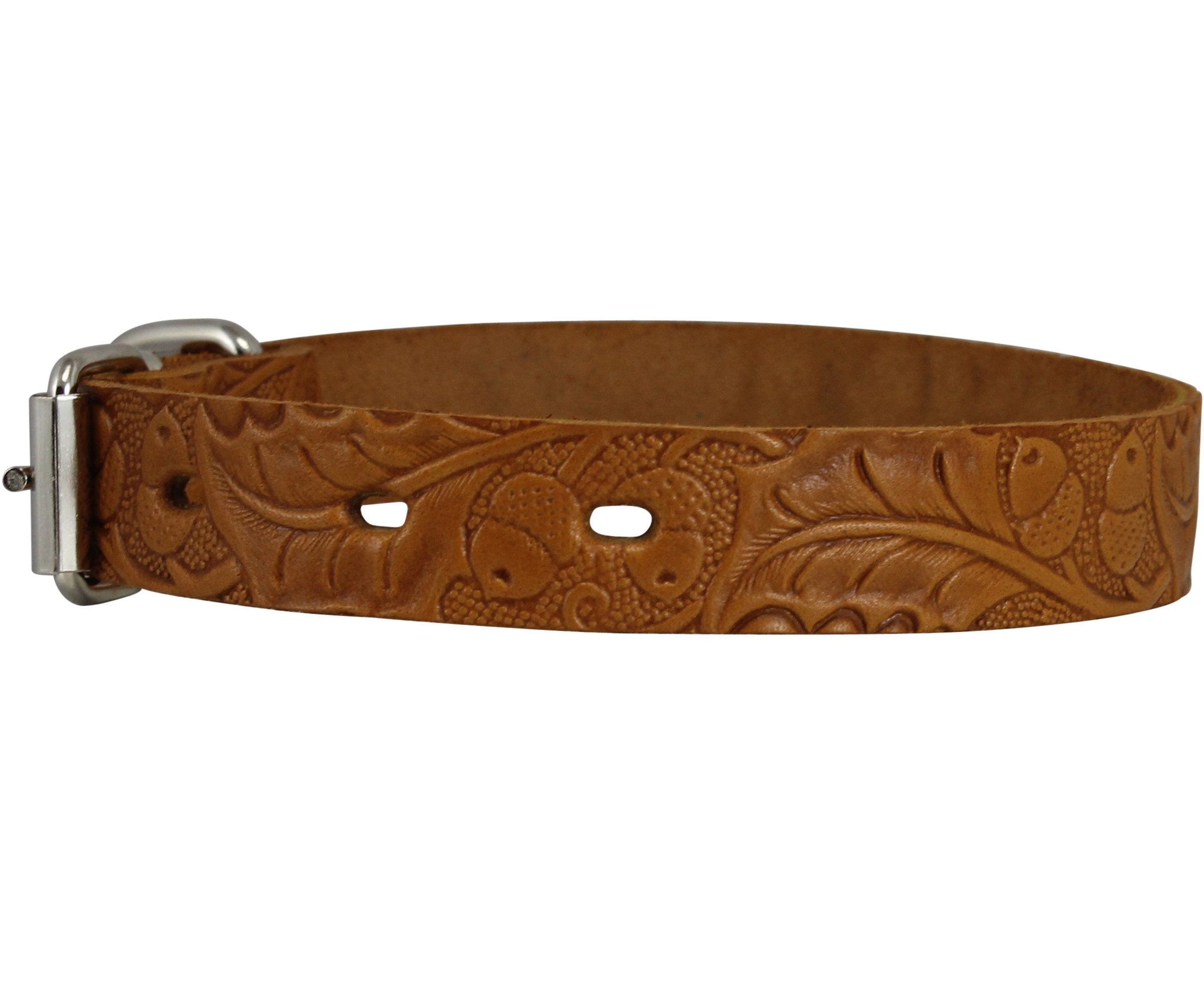Genuine Tooled Leather Dog Collar Floral Pattern Tan 3 Sizes (Neck Circumf: 10'-13'; 3/4' Wide)