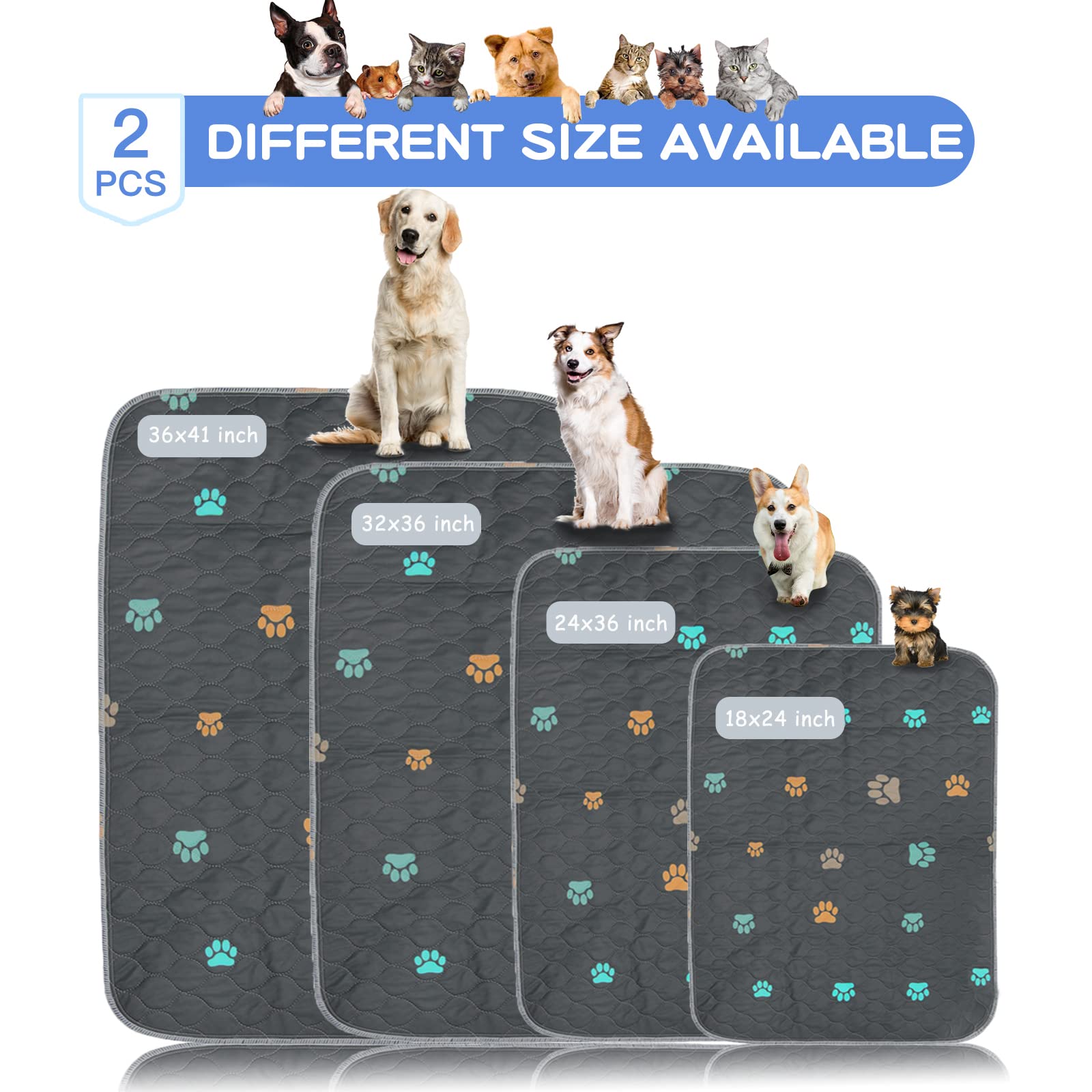 Aitmexcn Washable Puppy Dog Pee Pad, 2Pcs 100% Waterproof Whelping Training Mat For Puppy/Senior Dog, Fast Drying Reusable Puppy Pads For Indoor, Outdoor And Car Travel- 24'' X 36''