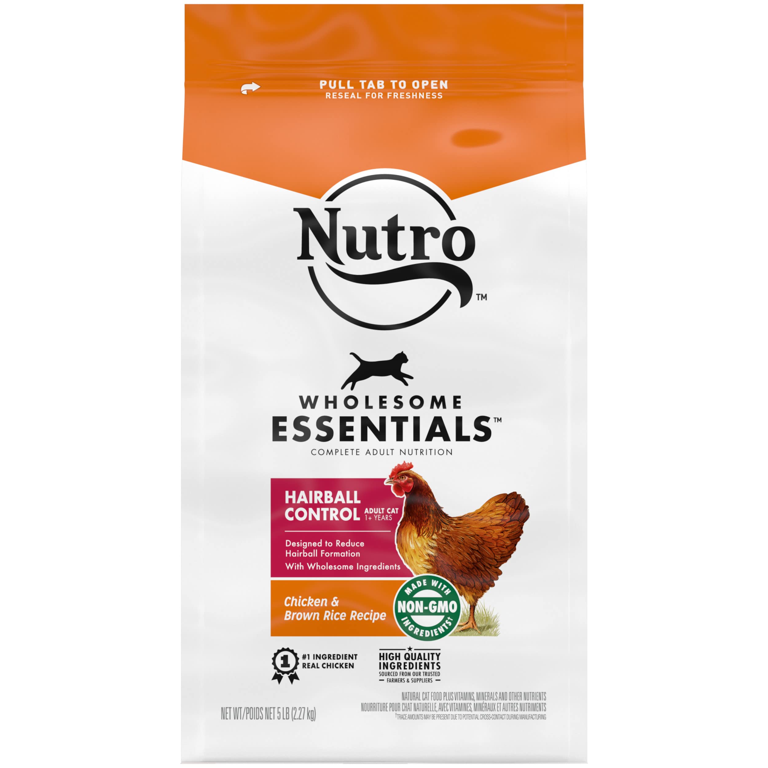 NUTRO WHOLESOME ESSENTIALS Natural Dry Cat Food, Hairball Control Adult Cat Chicken & Brown Rice Recipe Cat Kibble, 5 lb. Bag