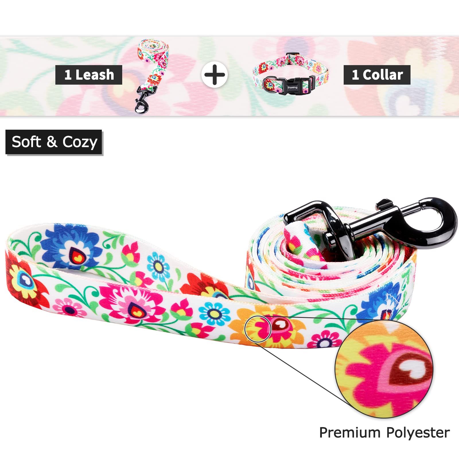 Ihoming Dog Collar and Leash Set for Daily Outdoor Walking Running Training, White Colorful Flowers Design for Small Boys Girls