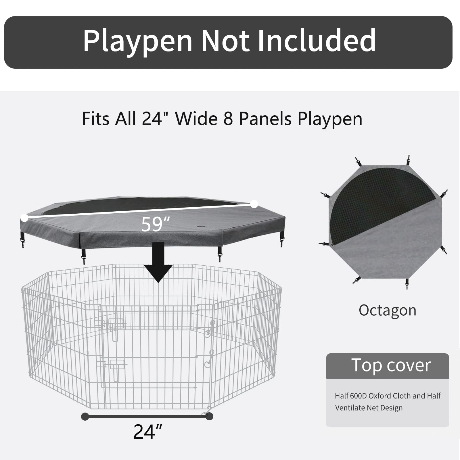 Petime Top Cover Sun/Rain Proof Provide Shade And Security For Indoor Outdoor Dog Playpen Fits All 24' Wide 8 Panels Pet Exerci