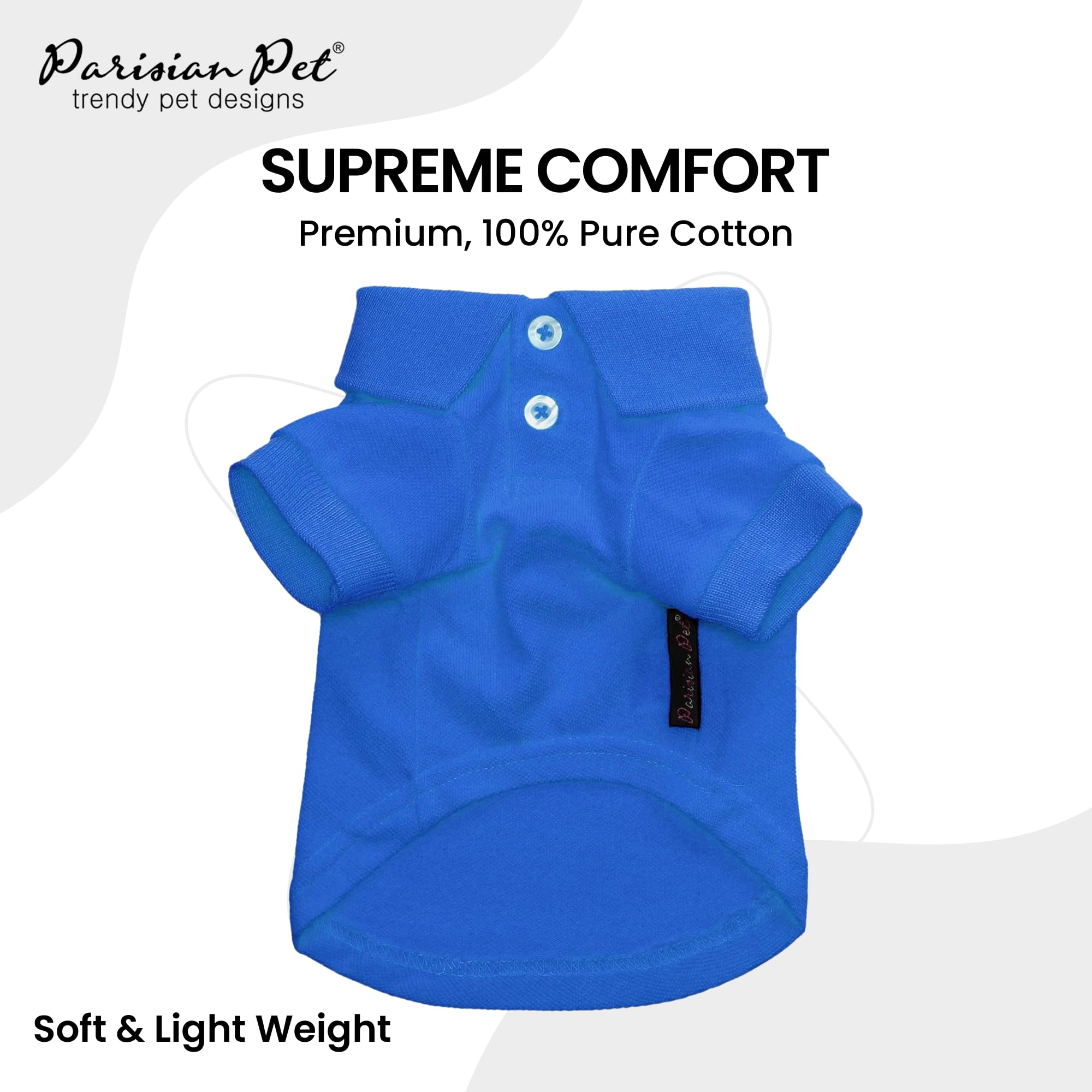 Parisian Pet Dog Polo Shirts - Breathable Cotton Shirt - Solid Blue, Summer Pullover - Button Up Collar Polo For Medium Dogs