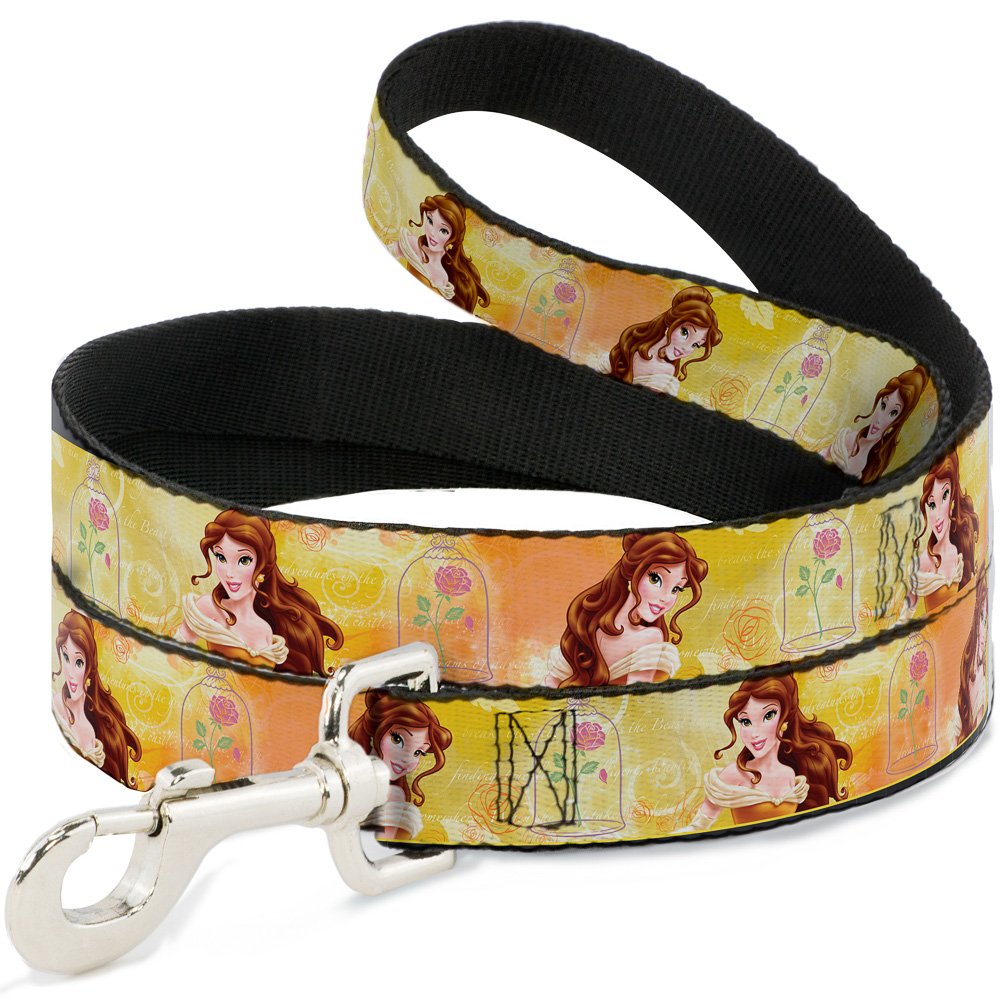 Buckle-Down Dog Leash Belle Poses Enchanted Rose Story Script Yellow Pinks 4 Feet Long 0.5 Inch Wide, Multicolor (Dl-Wdy140-N)