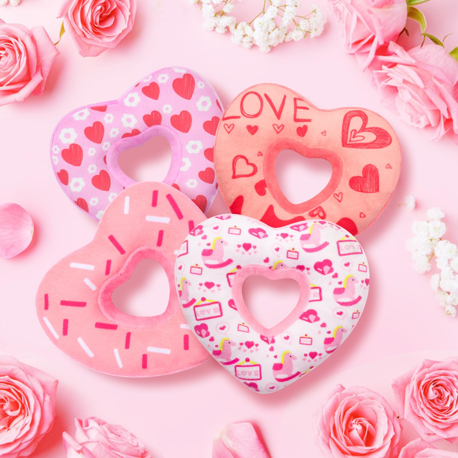 Lepawit 4 Pack Valenine'S Day Dog Toys, Heart Shaped Donut Dog Squeaky Toys, Valentine'S Day Dog Plush Gifts For Small And Mediu