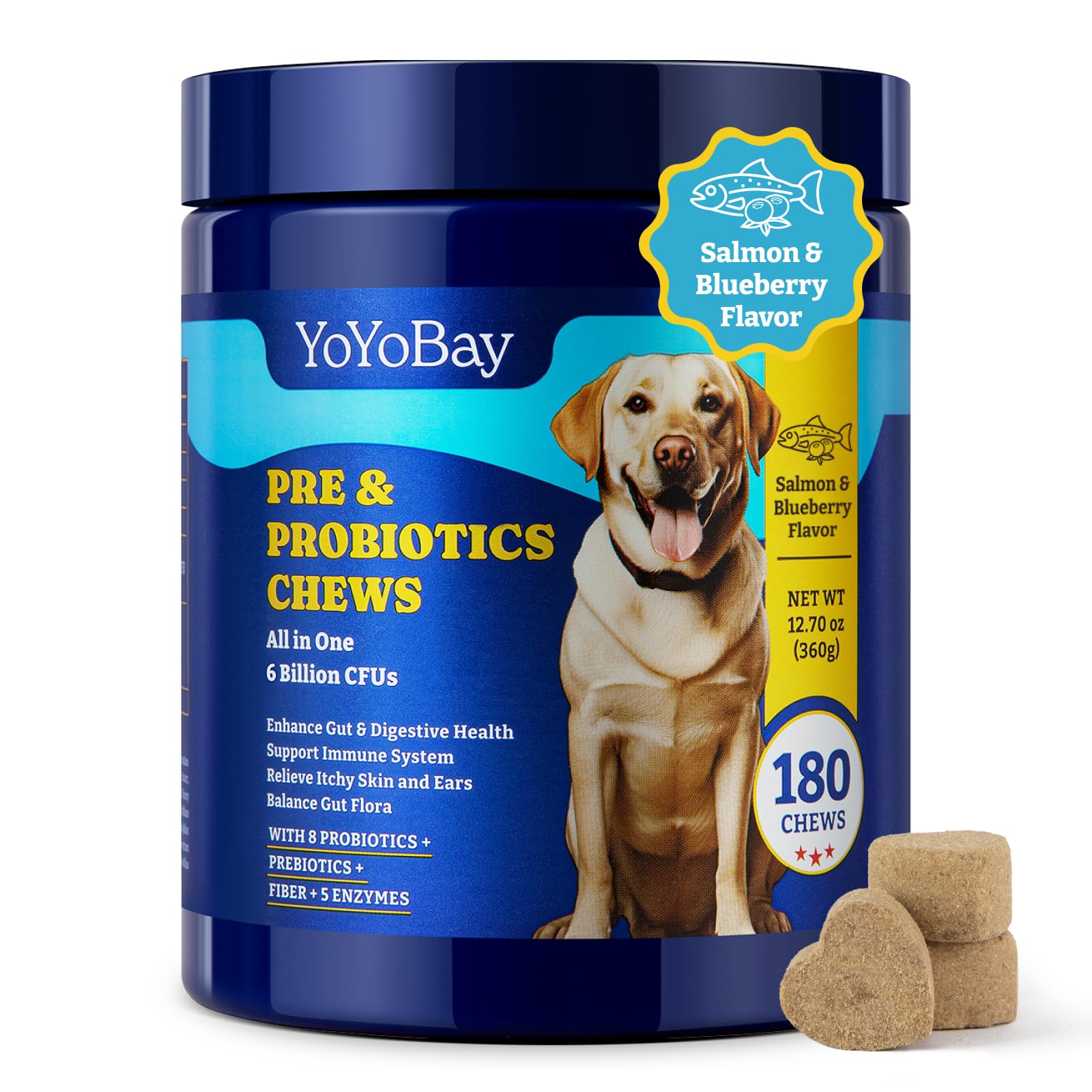 YoYoBay Probiotics for Dogs - Dog Probiotics for Gut, Immune & Skin Health - 6 Billion CFUs, 180 Soft Chews, Salmon & Blueberry 