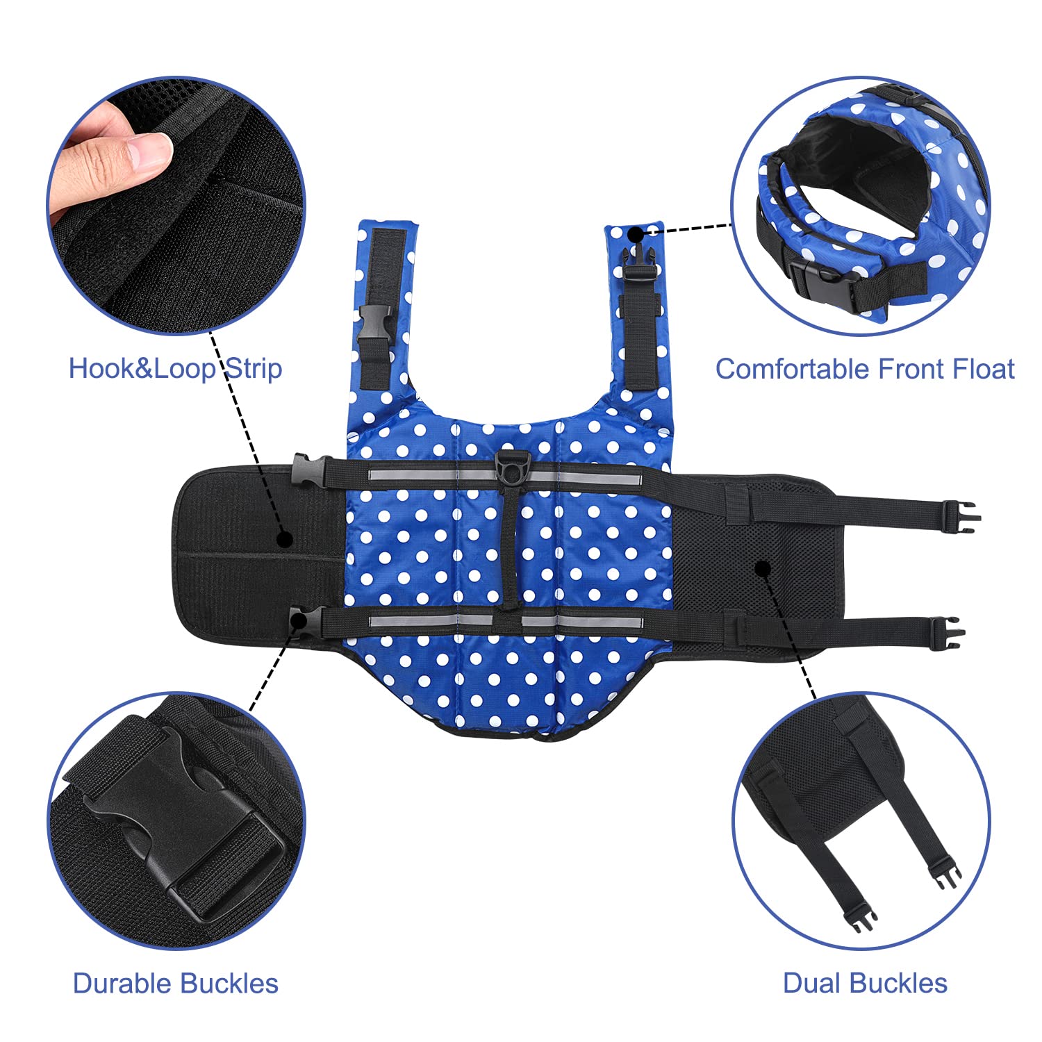 Haocoo Dog Life Jacket Vest Saver Safety Swimsuit Preserver With Reflective Stripes/Adjustable Belt Dogs?Blue Polka Dot,S