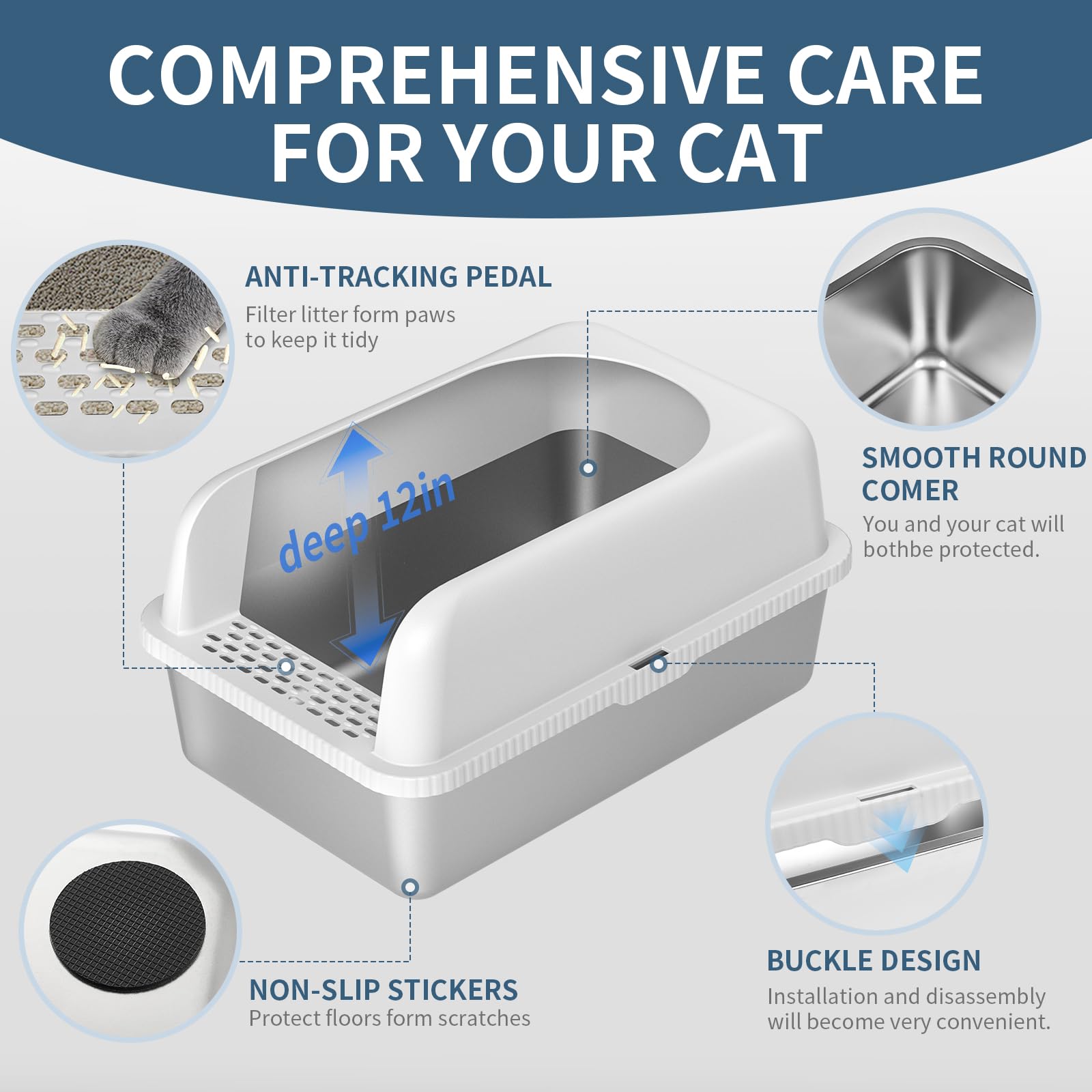 Prodigen Extra Large Stainless Steel Cat Litter Box with Lid, 24" x 16" x 12", Silver, Non-Sticky, Anti-Leakage, Easy Cleaning