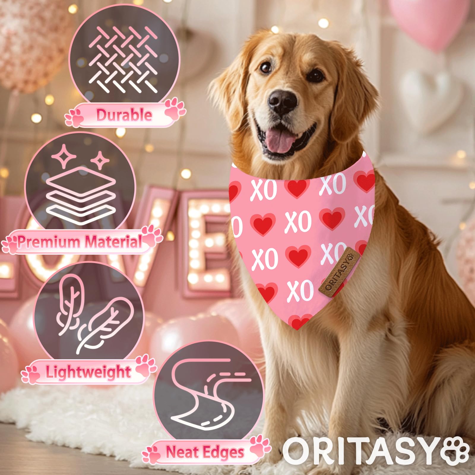 Oritasy Valentines Day Dog Bandanas, 2-Pack Triangle Reversible Love Pet Scarves, Premium Fabric Bandana (Small, Style 1)
