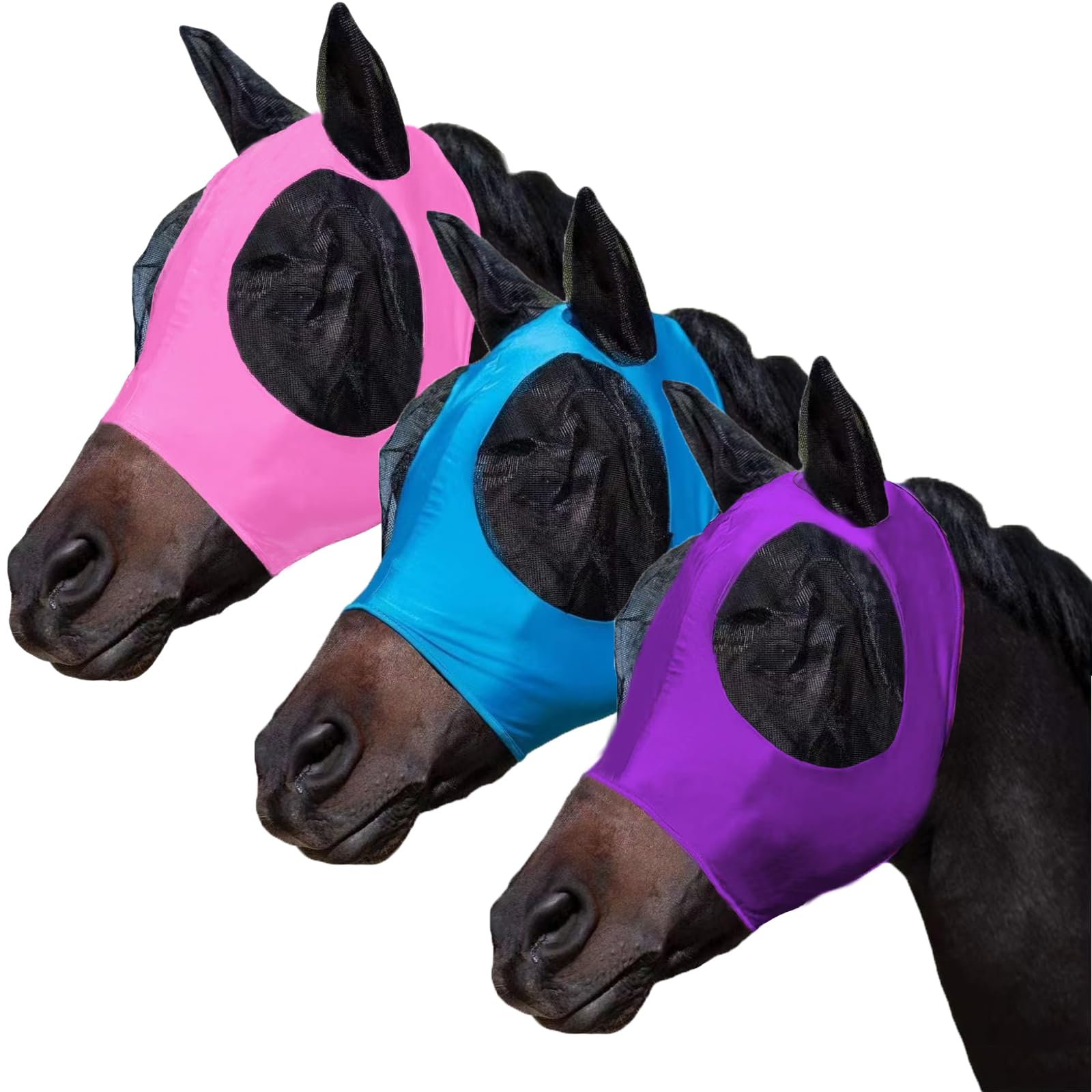 FOXLVDA 3 Pcs Horse Fly Mask - Fly Masks for Horses with Ears, Fashionable and Breathable Stretch Fabric with UV & Sun Protectio