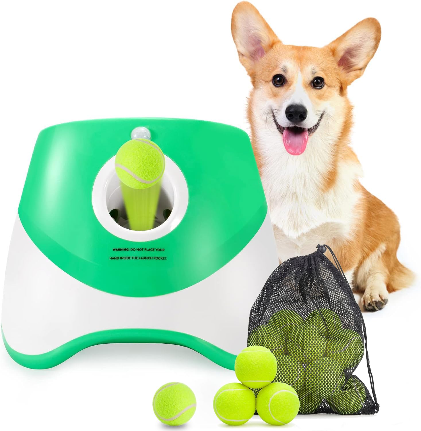 MEKAPLE Automatic Dog Ball Launcher, Dog Ball Thrower with 15 Mini Tennis Balls Sizing 2 Inch and Mesh Bag, Interactive Dog Toys