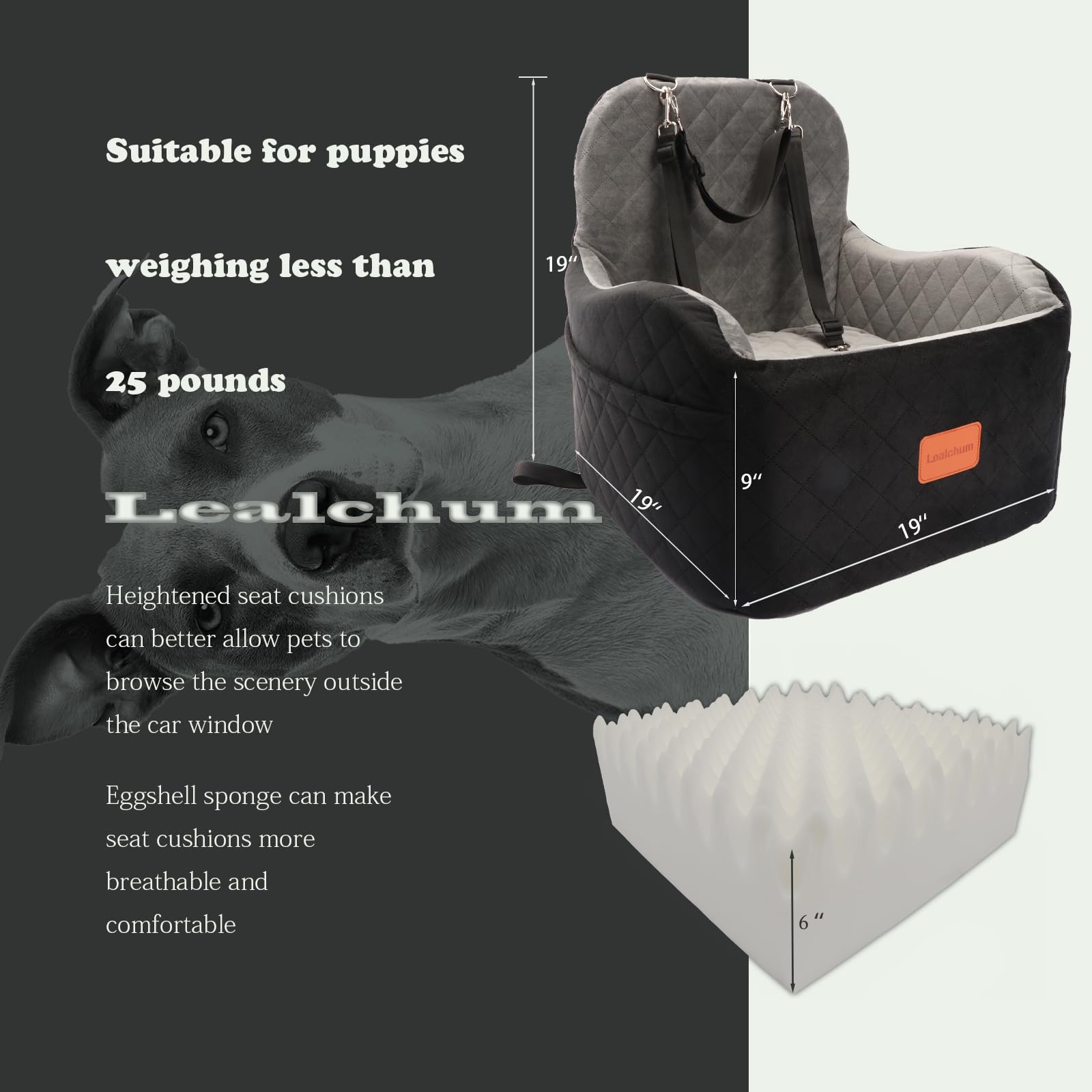 Lealchum Dog Booster Car Seat for Small/Medium Dogs,6in Memory Foam Elevated Cushion,Fully Detachable and Washable,2 Clip-On Saf
