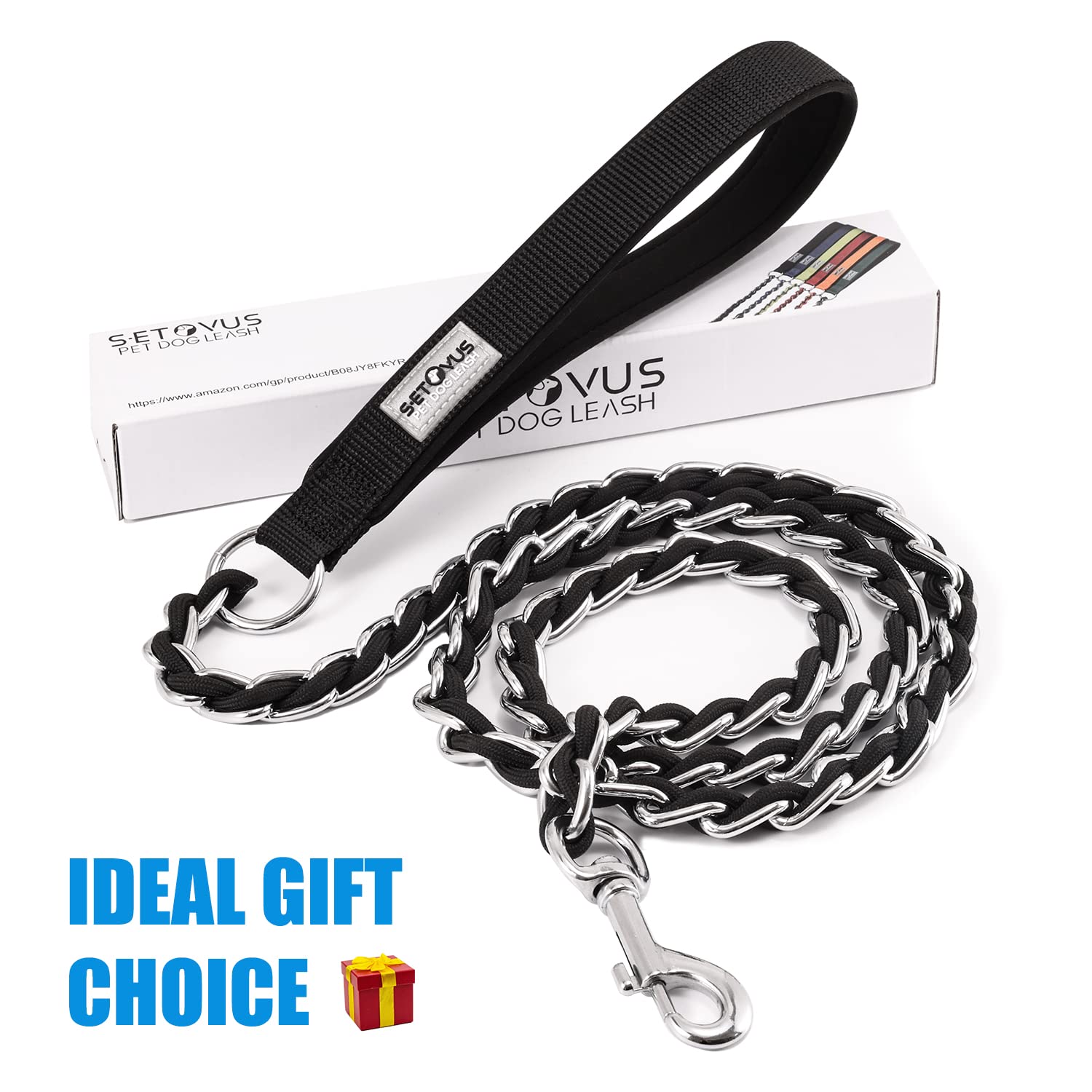 Chew Proof Metal Leash Chain Dog Leash For Medium Large Dogs, Chain Link Dog Leash Anti Chew 4Ft Strong Anti Bite Dog Leash Comfortable Soft Padded Handle Black