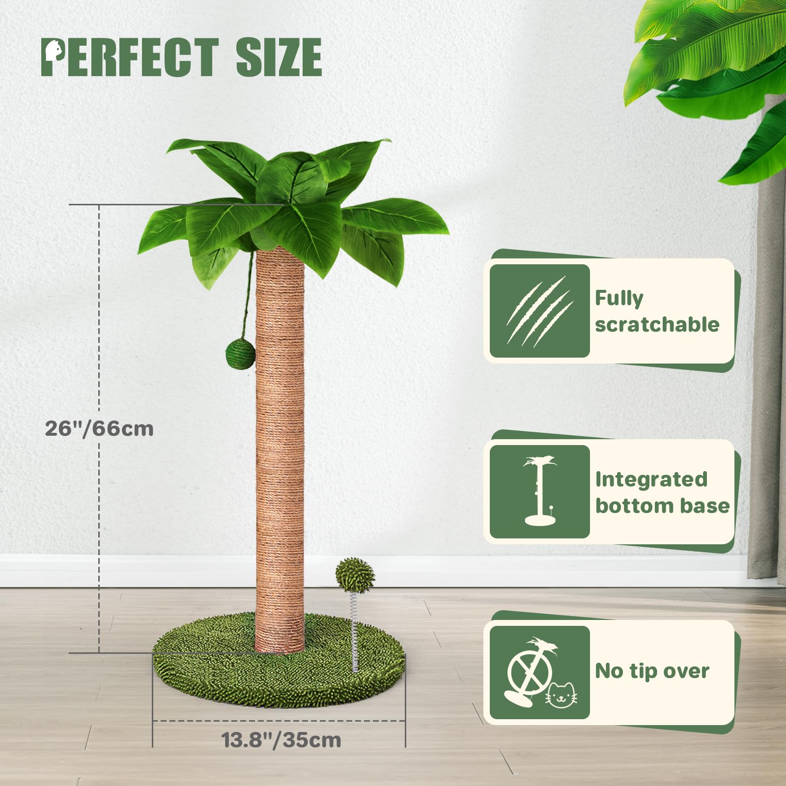 Dohump Cat Scratching Post, 31'' Tall Scratch Tree With Premium Sisal Rope, Two Interactive Dangling Balls And Spring Ball Toys