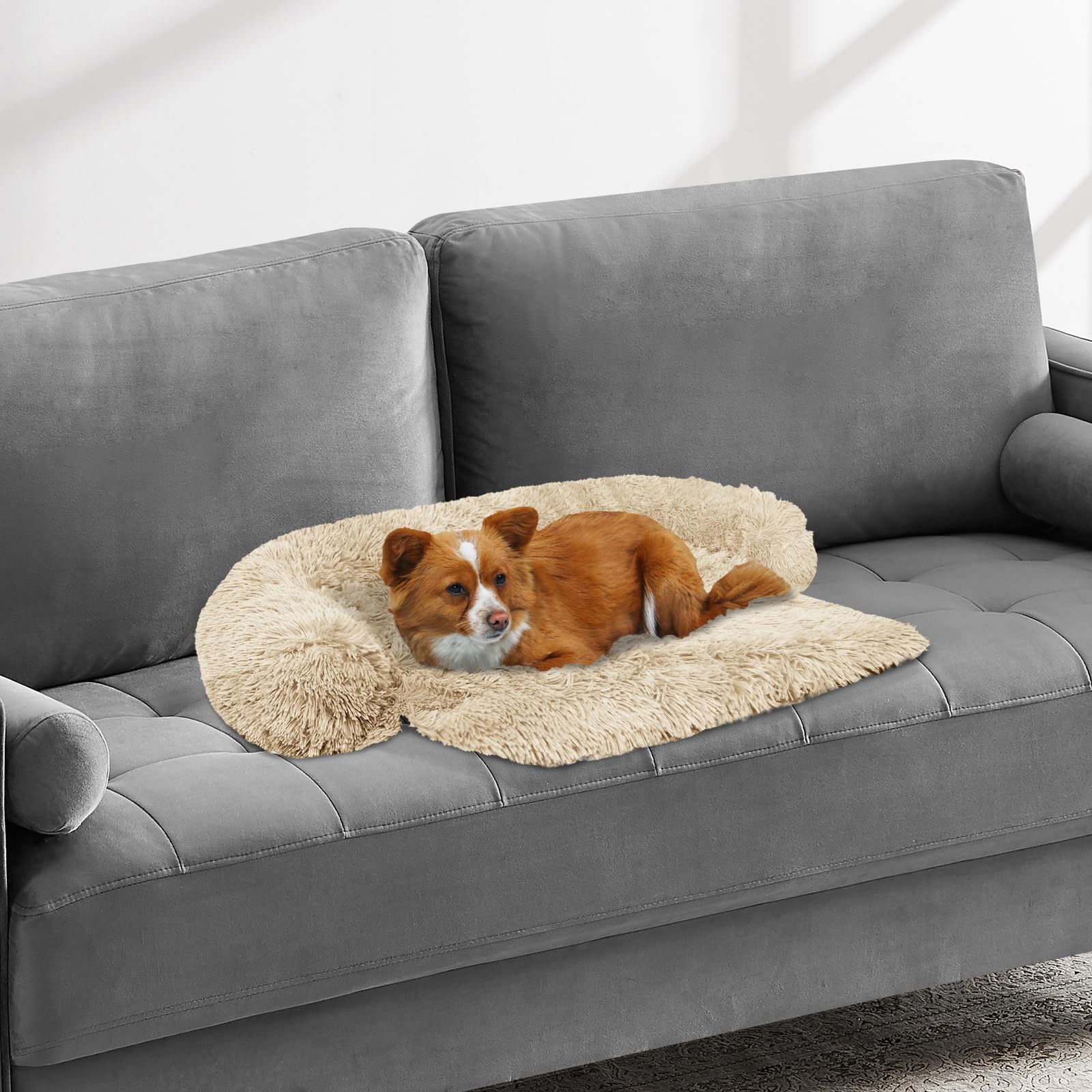 Calming Dog Bed Fluffy Plush Dog Mat For Furniture Protector With Removable Washable Cover For Large Medium Small Dogs And Cats (Xs (31'X23.5'X5'), Beige)