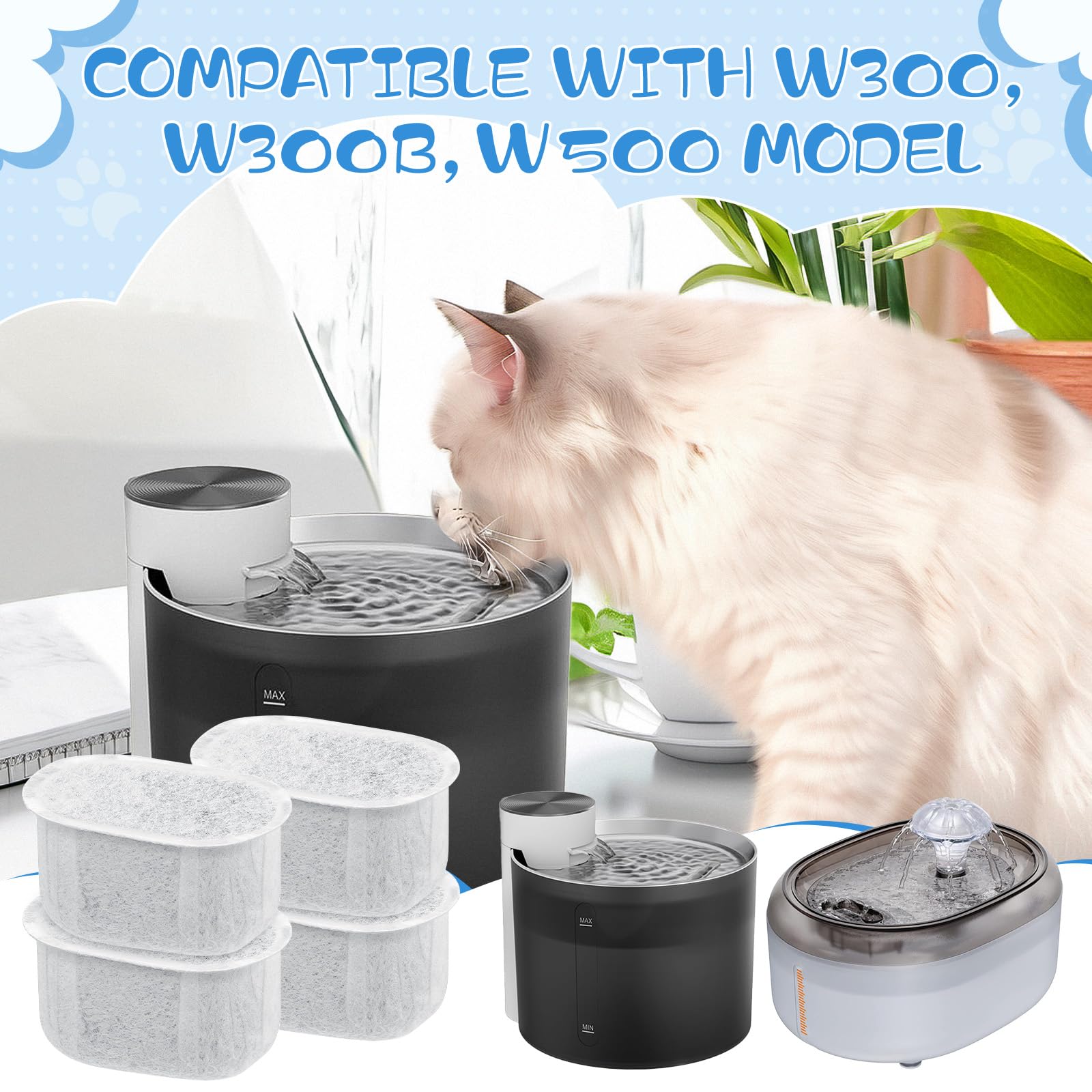 Lemonfilter Cat Water Fountain Filter, 12 Pack Replacement Filters & 5 Pack Sponges Kit Compatible With W300&W300B&W500&W500B Ca