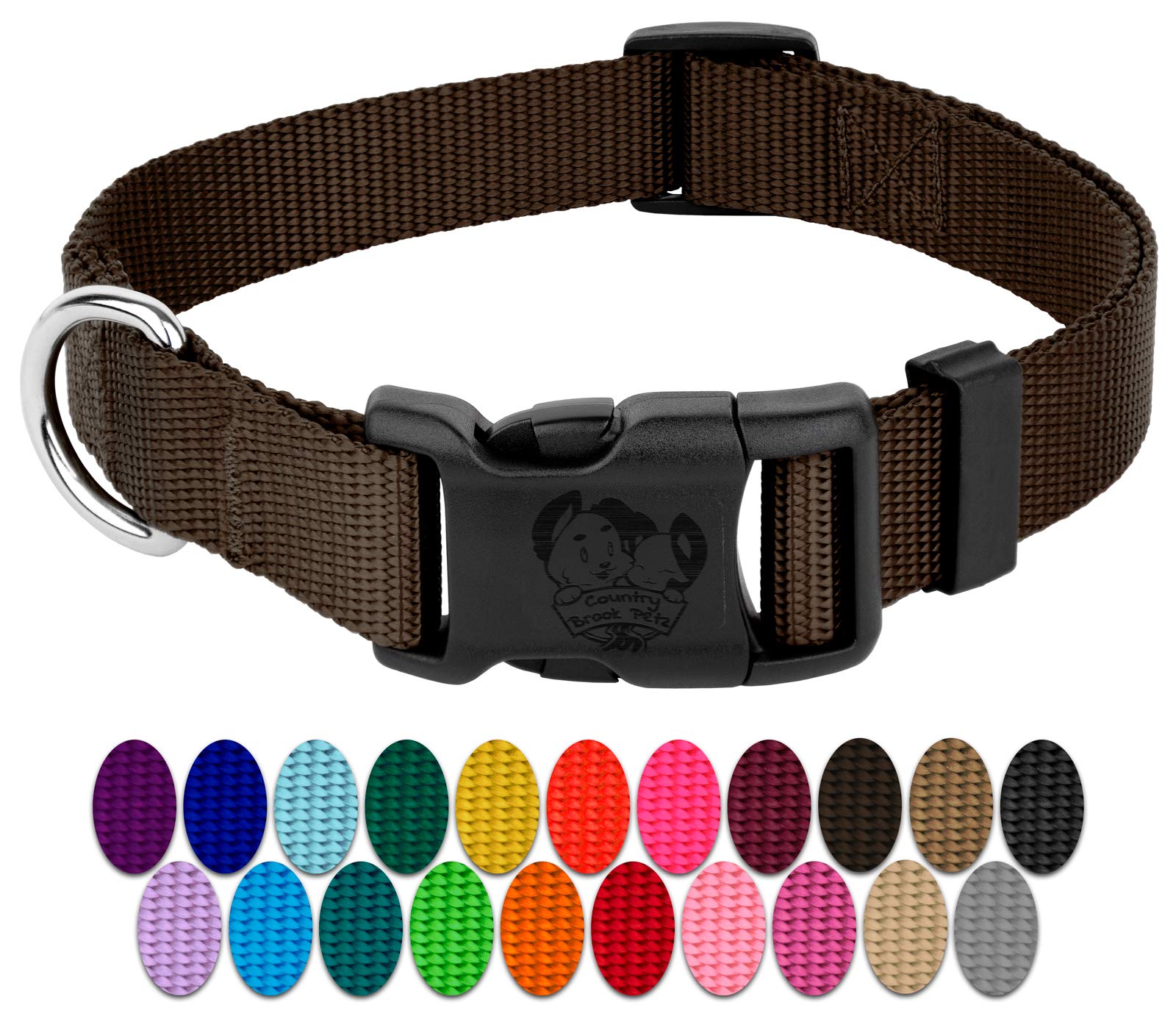 Country Brook Petz - 30+ Vibrant Colors - American Made Deluxe Nylon Dog Collar With Buckle (Mini, 3/8 Inch Wide, Brown)