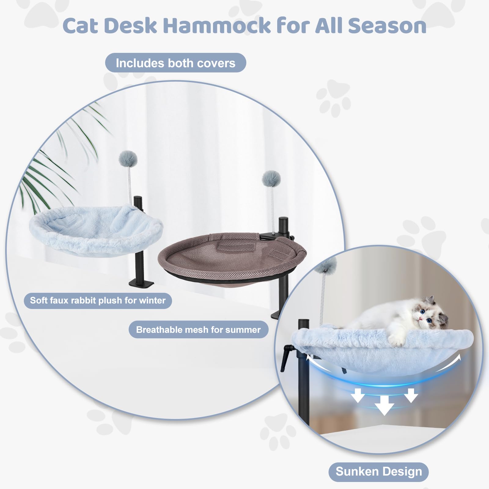 Odoland Cat Desk Bed - Summer Winter Mattresses Adjustable Height Desktop Kitten Bed Deskside Dreamer Indoor Cats Hammock With M