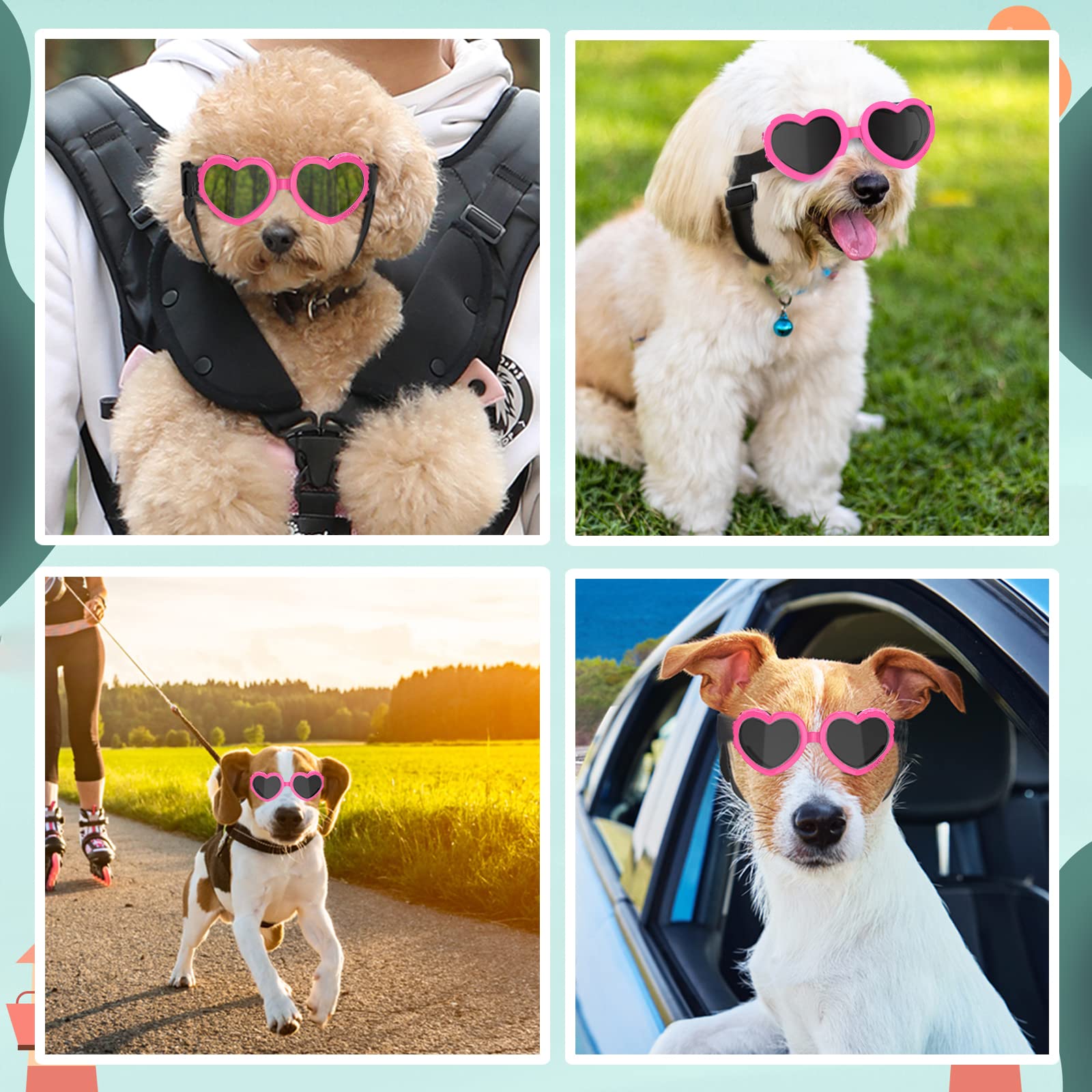 Lewondr Small Dog Sunglasses Uv Protection Goggles Eye Wear Protection With Adjustable Strap Doggy Heart Shape Anti-Fog Sunglasses For Pet Dogs Sun Glasses Doggie Windproof Glasses, Pink