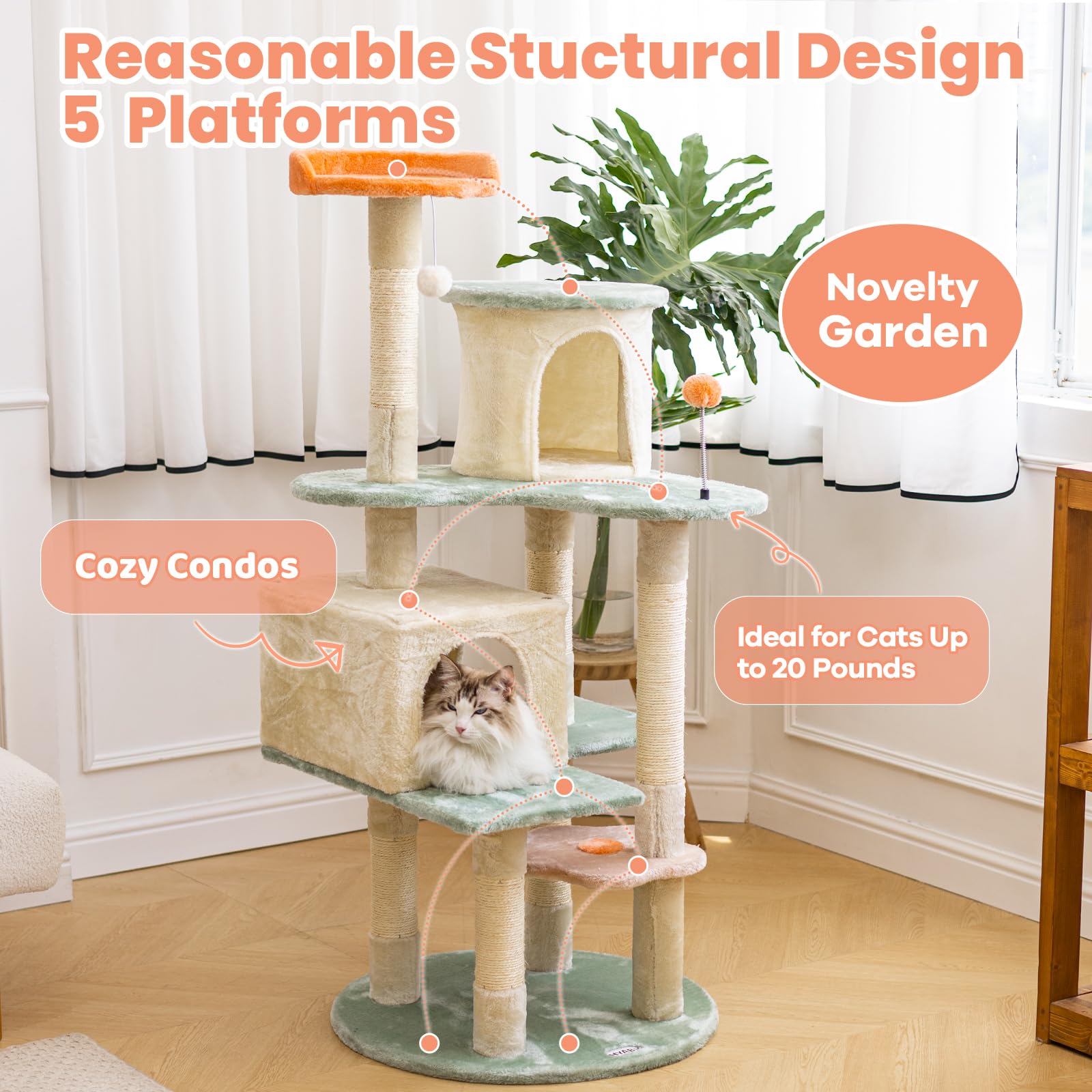 Hyabi 53-Inch Flower Cat Tree Cat Apartment Plush Habitat Kitten Amusement Platform House Furniture (Large 5 Platforms)
