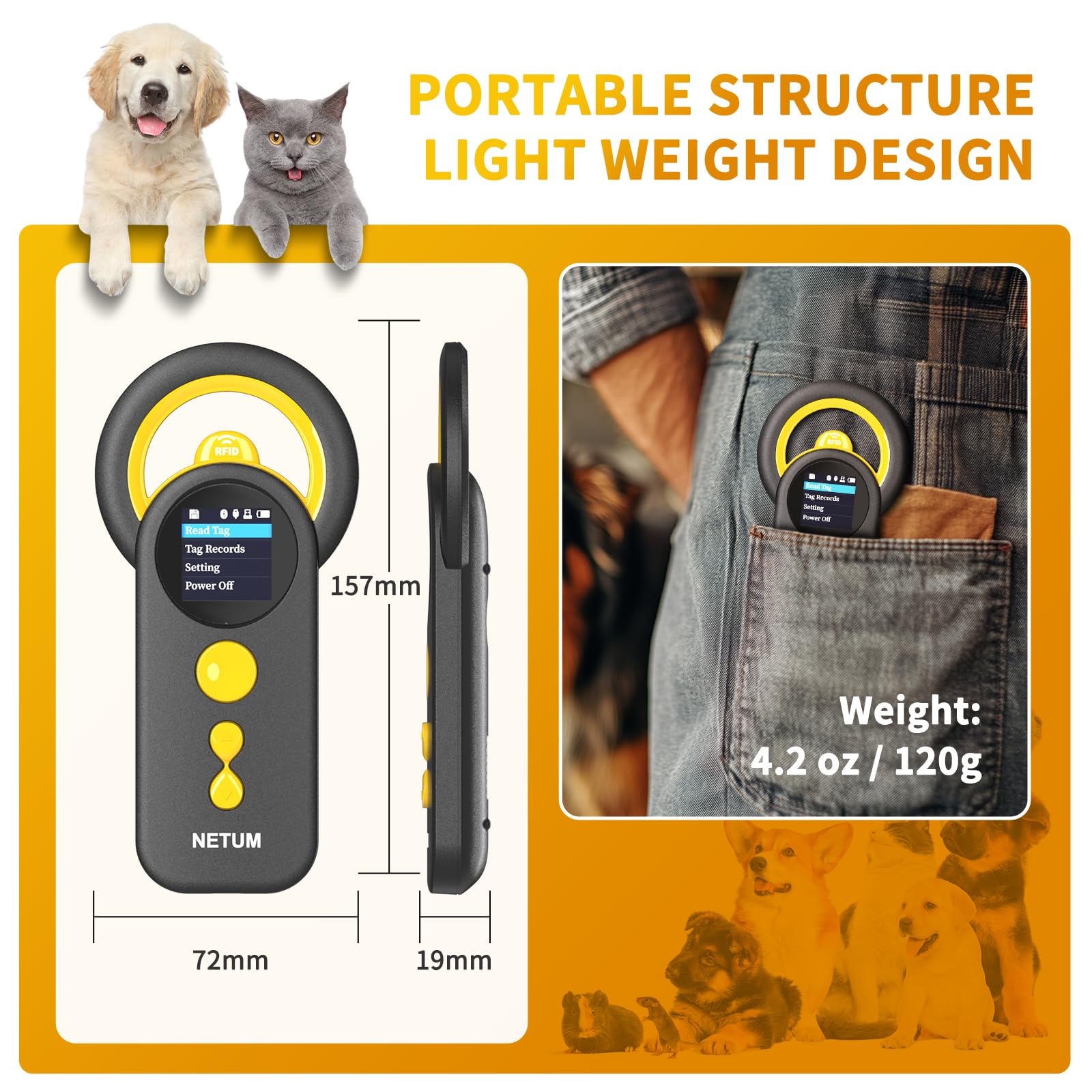 NETUM Bluetooth Pet Microchip Reader, 3-in-1 Wireless Animal Universal Microchip Tag Reader Scanner with 1.44 TFT Screen, 1200mA