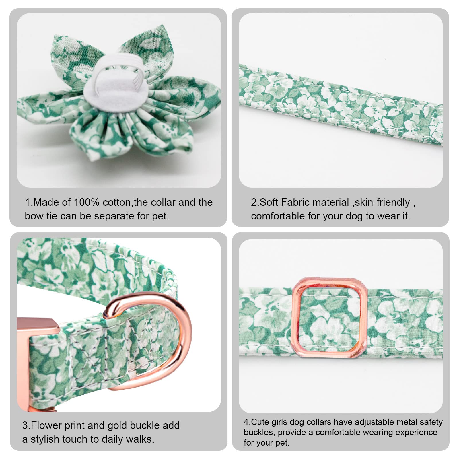 Dog Collar And Leash Set With Flower Bow Tie Girls Dog Collar Dog Tag Metal Buckle Adjustable For Small Medium Large Dogs Green Flower-L