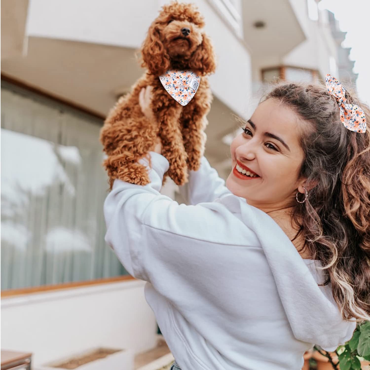 E-Clover Dog Bandanas & Matching Scrunchie Set Girl Cute Flower Dog Scarf Bibs Pet Bandana With Bow Tie For Small Dogs Puppy Own