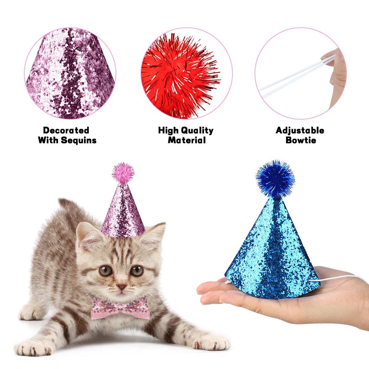 8 Pcs Cat Birthday Hat Dog Birthday Hats, Multi Color Mini Party Hats Set With 4 Pcs Hats And 4 Pcs Bowtie For Cat Dogs Kittens