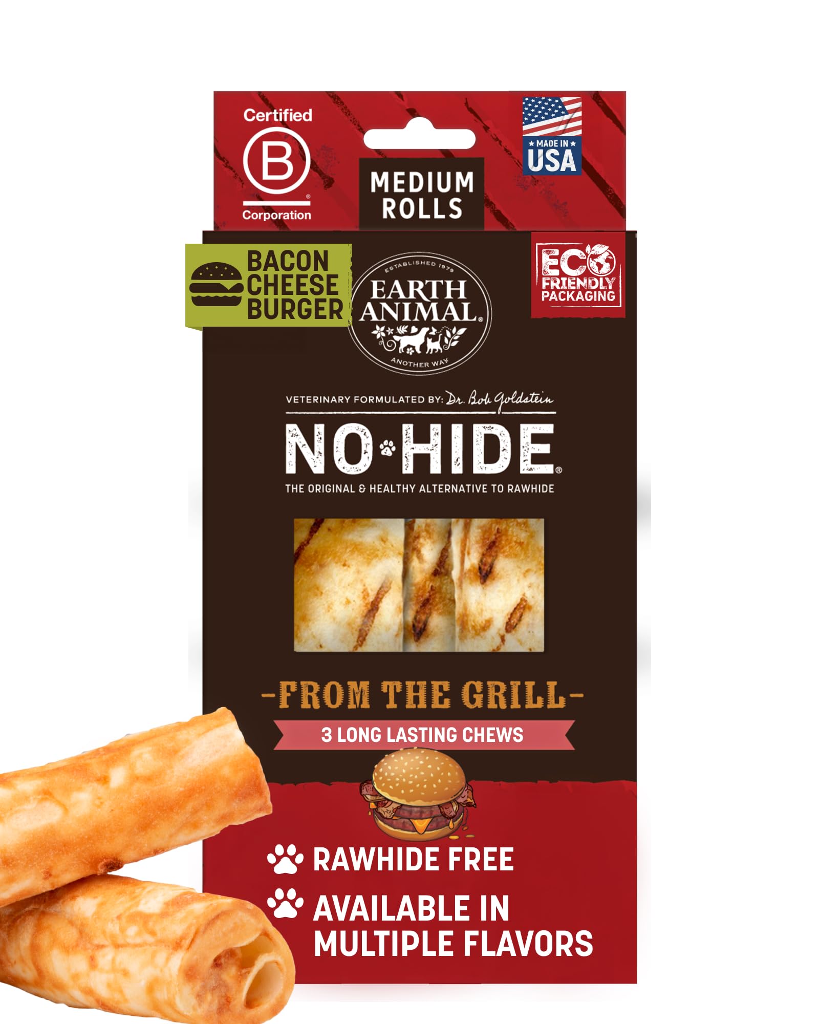 Earth Animal No Hide Chews - from The Grill Rolls Bacon Cheeseburger Flavor Rawhide Free Medium Dog Chews - 3 Count