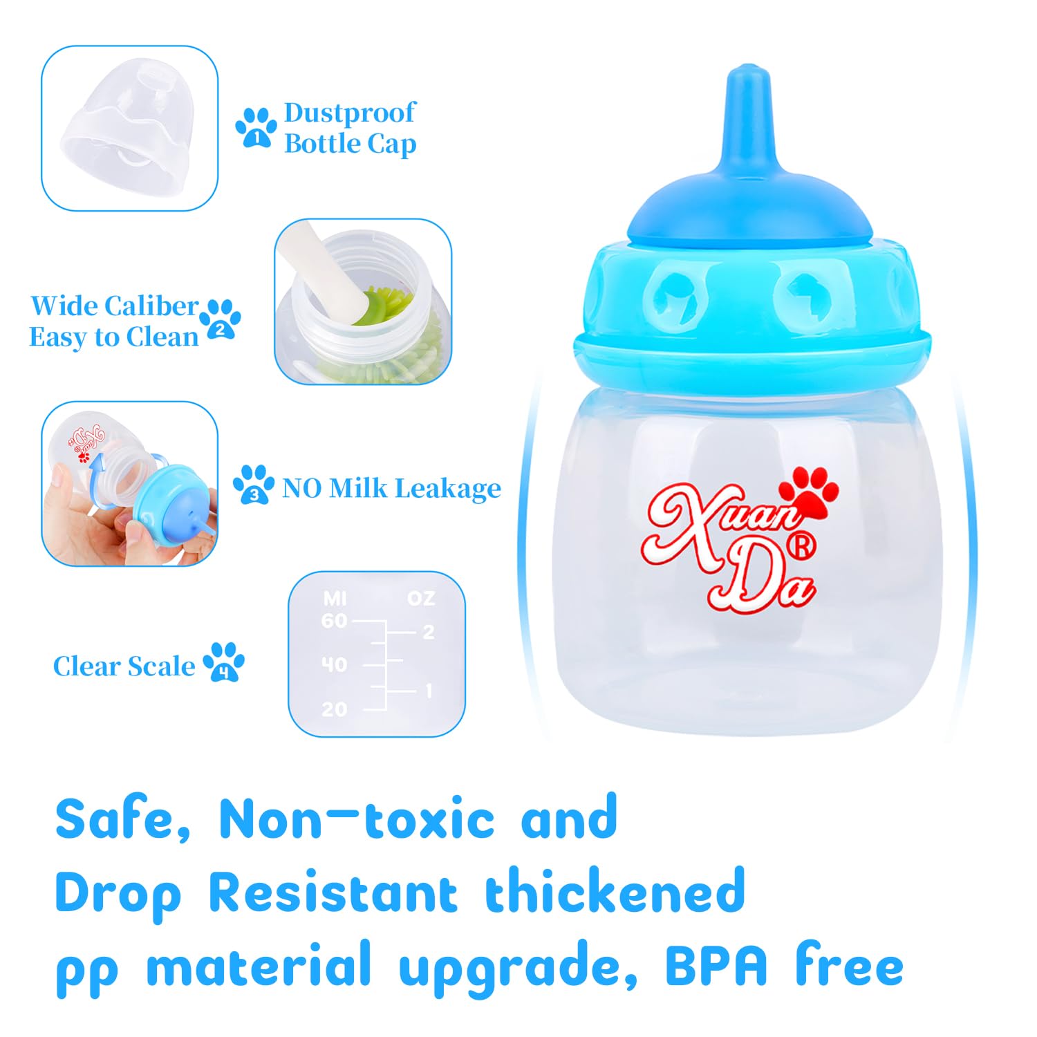 Xuanda Pet Feeding Bottle and Syringes,60ml Nursing Bottle, 3 Sizes Nipples with Ventilation Valve Resistant Tearing Perfect for