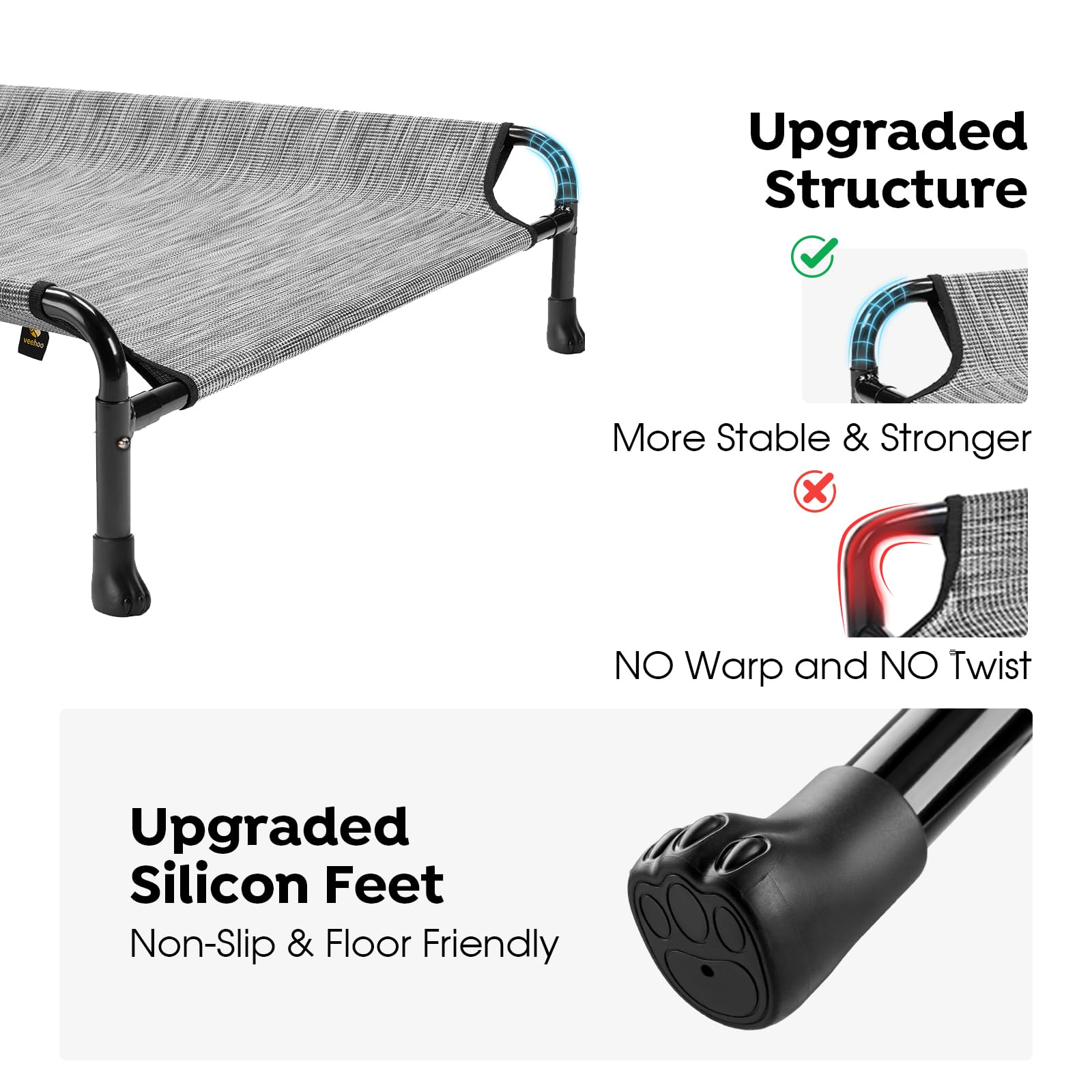 Veehoo Cooling Elevated Dog Bed - Raised Dog Bed With Guardrail, Non-Slip Portable Camping Cot, 41 X 27 Inches, Black Silver