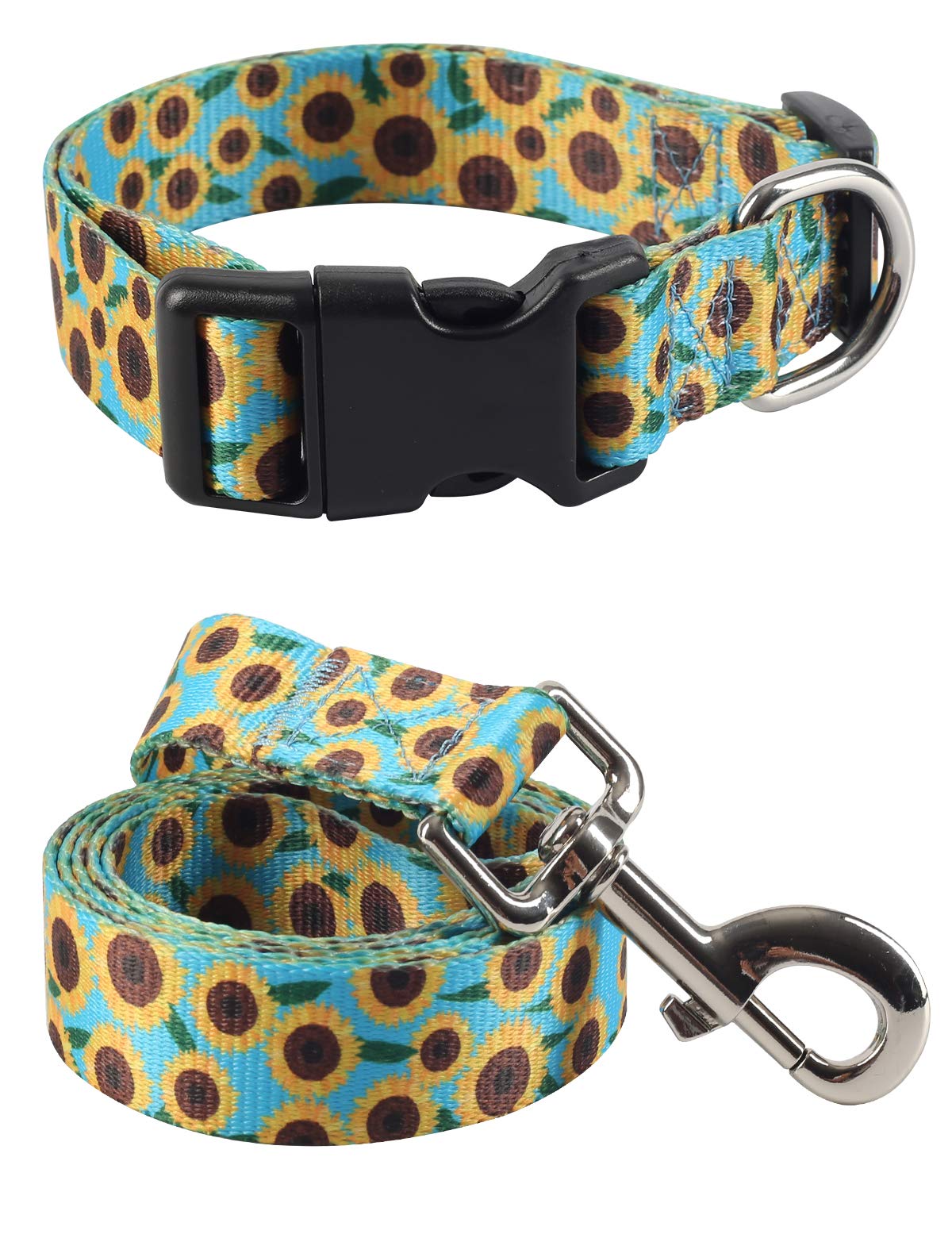 Coomour 2Pcs Sunflower Dog Collars And Pet Floral Leash Set Puppy Adjustable Collars For Small Medium Large Dogs Boys Girls (Med
