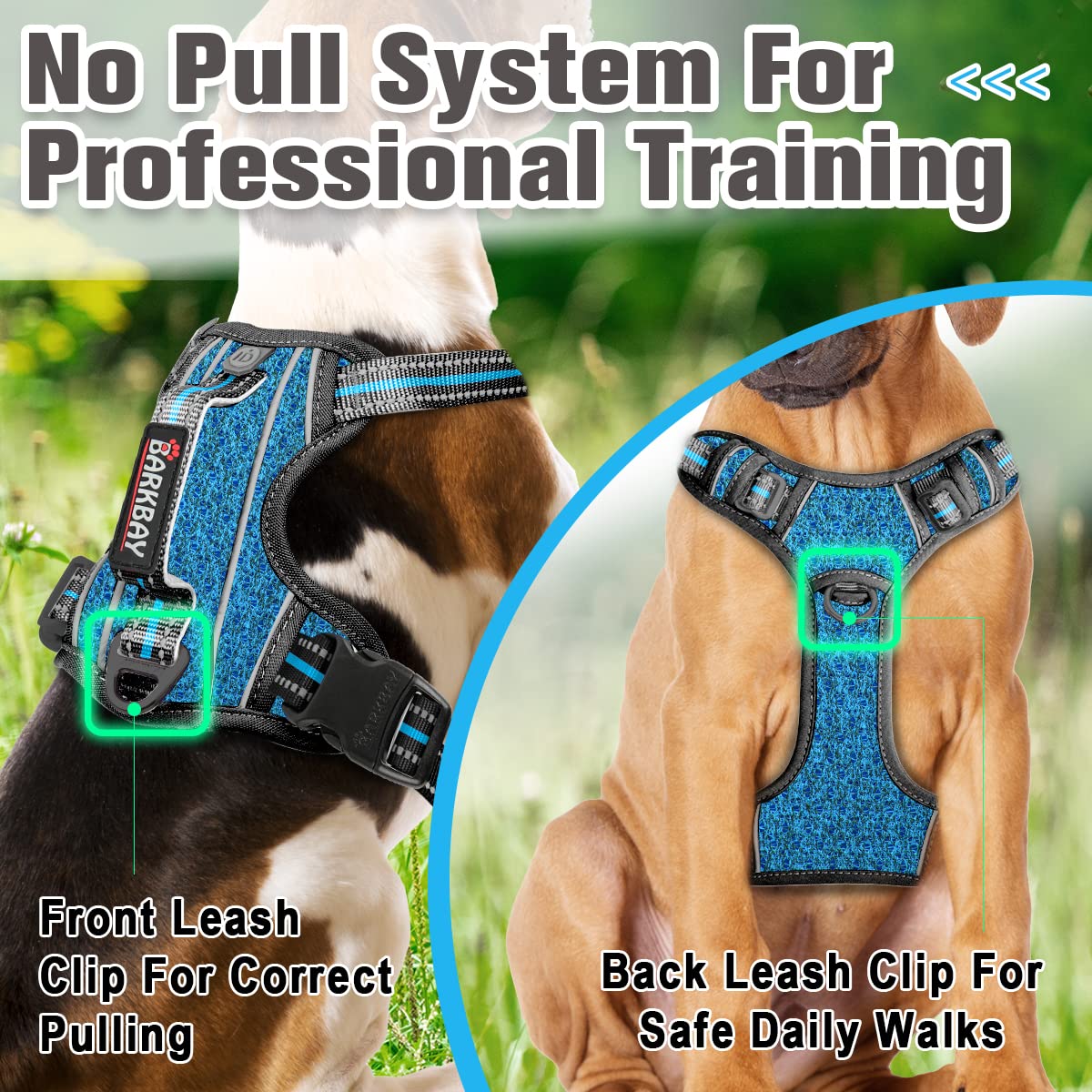 BARKBAY No Pull Dog Harness Front clip Heavy Duty Reflective Easy control Handle for Large Dog Walking with ID tag Pocket(BlueBl