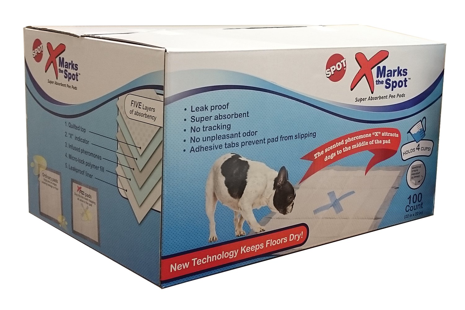 Spot X Marks The Spot Extra Absorbent Pee Pads | Puppy Pads | Puppy Pads With Adhesive | Training Pads | Dog Pads | Dog Pee Pads | Dog Potty Pads | Adhesive Strips | 22'X22' | 100 Ct,White