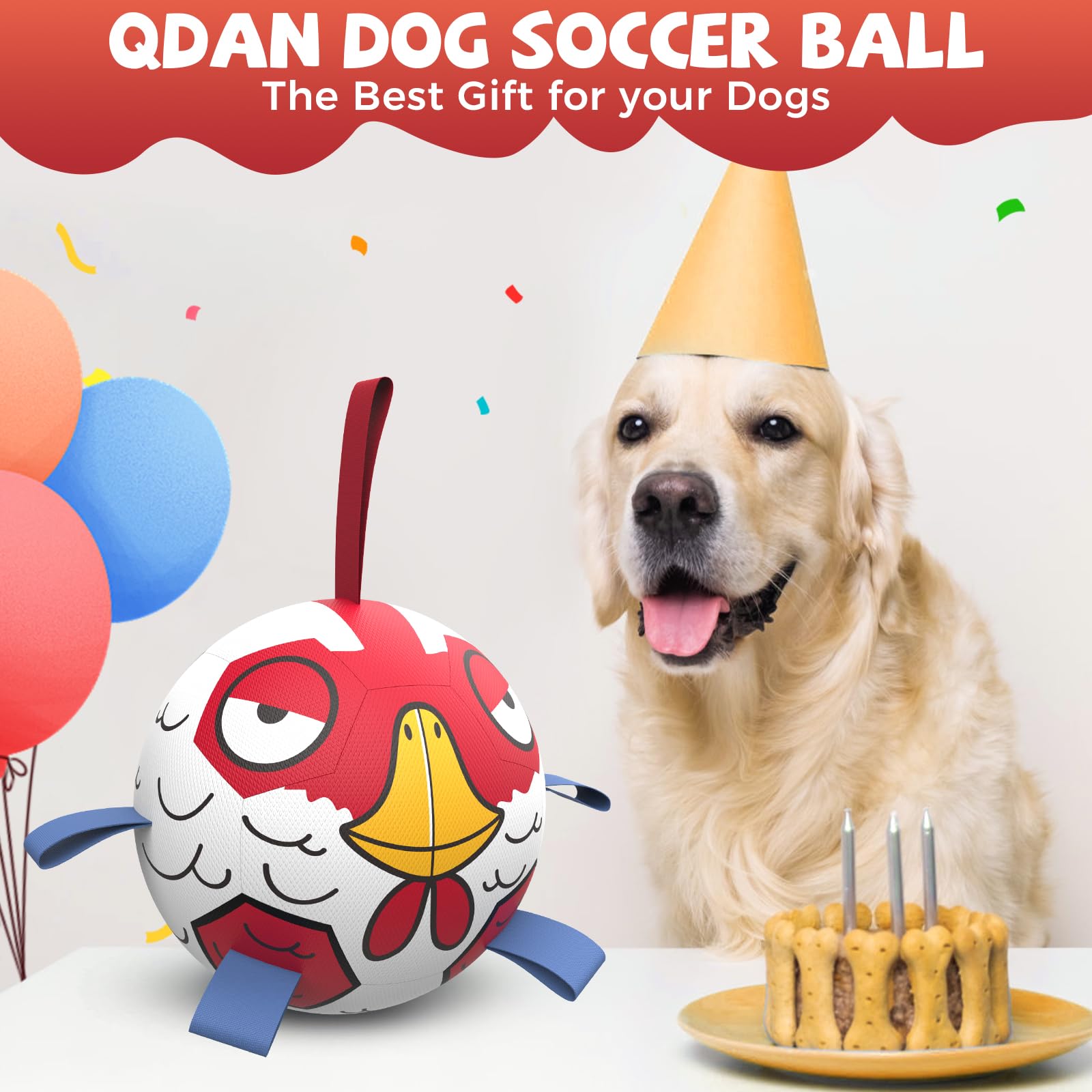 Qdan Dog Toys Soccer Ball With Straps - Durable Extra Large Dog Balls, Beach Pool Water Toys, Herding Balls (9 Inch)