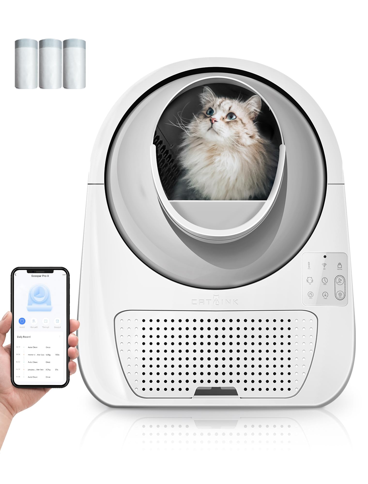 Catlink Self Cleaning Automatic Litter Box For Cats 3.5~22Lbs-App Control,Double Odor Removal-Extra Large With 40 Liners&1 Carbo