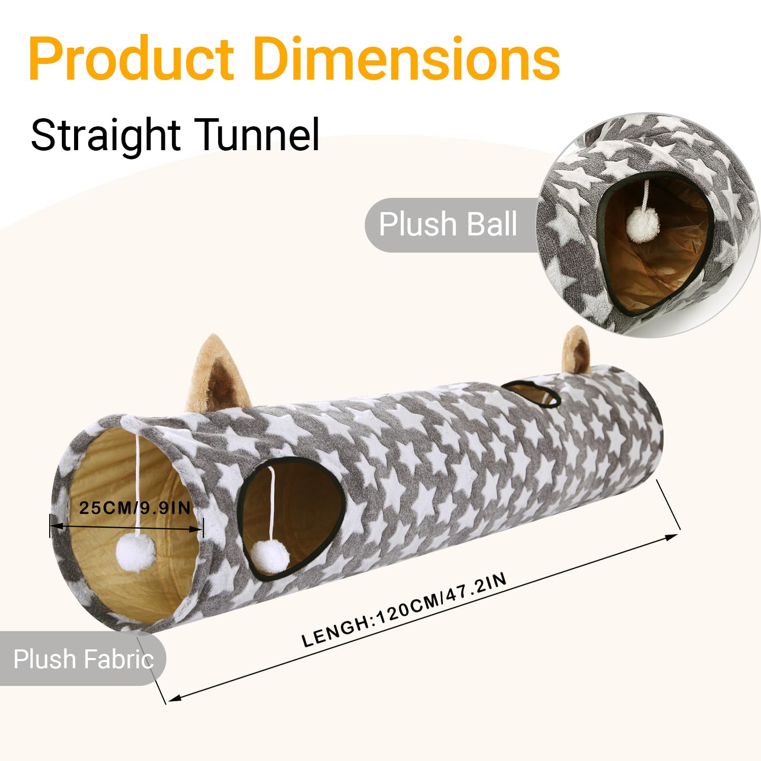 Luckitty Cat Tunnel -Straight-Shaped, Gray Star Pattern, Soft Velvet Exterior, Oxford Fabric Fog-Proof Interior, Plush Toy Ball,