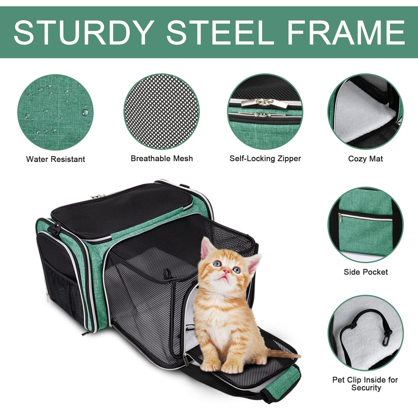 Baglher Pet Travel Carrier, Cat Carriers Dog Carrier For Small Medium Cats Dogs Puppies, Airline Approved Small Dog Carrier Soft Sided, Collapsible Puppy Carrier. Green