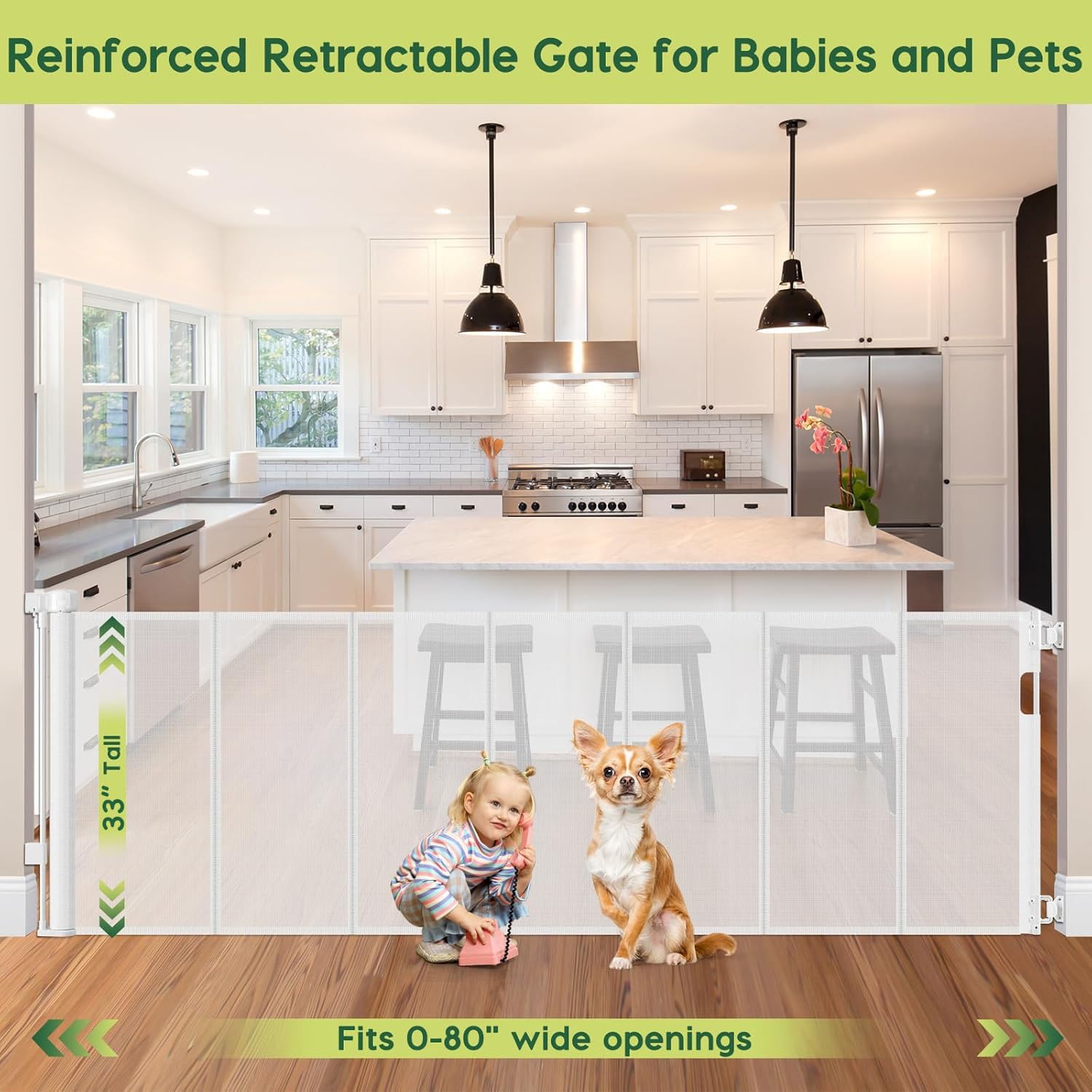 Reinforced 80 Inch Extra Wide Retractable Baby Gate with Support Rods, Indoor/Outdoor Retractable Pet Gates for Wide Openings, 3