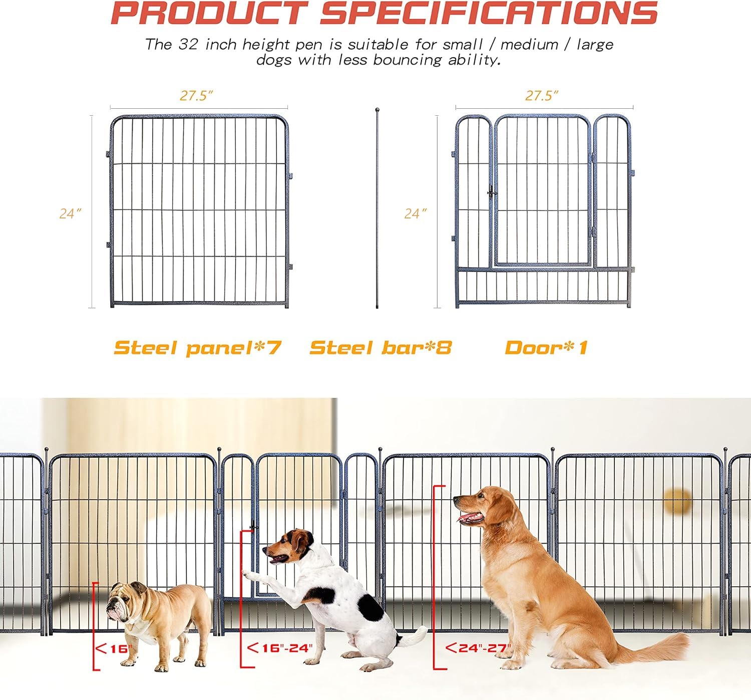 Dog Playpen,24/32/40 Inch Height In Heavy Duty,Folding Indoor Outdoor Dog Exercise Fence, Portable Pet Playpen With Door For Lar
